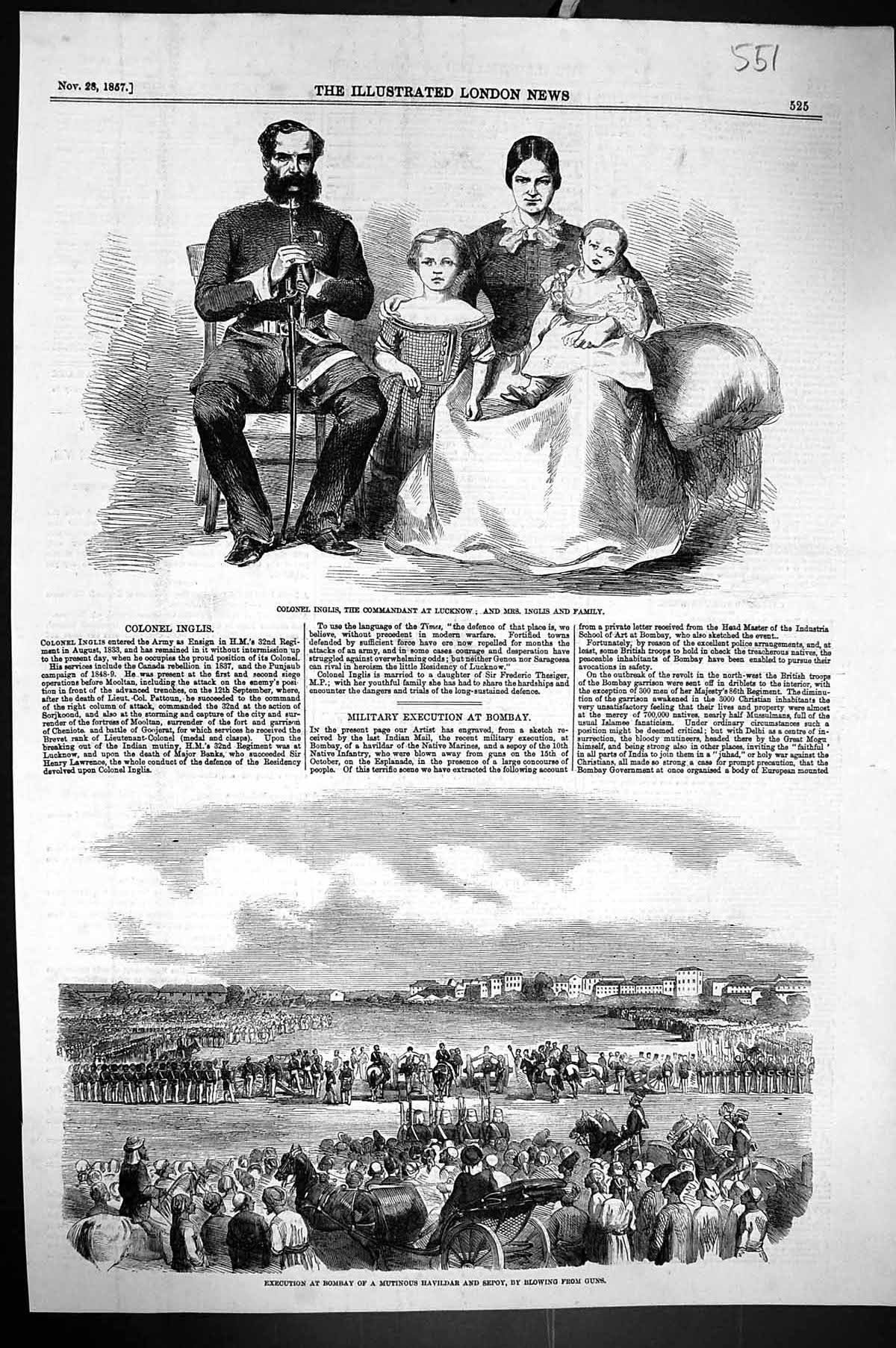 Old 1857 Colonel Inglis Commandant Lucknow Execution Bombay Havildar Victorian