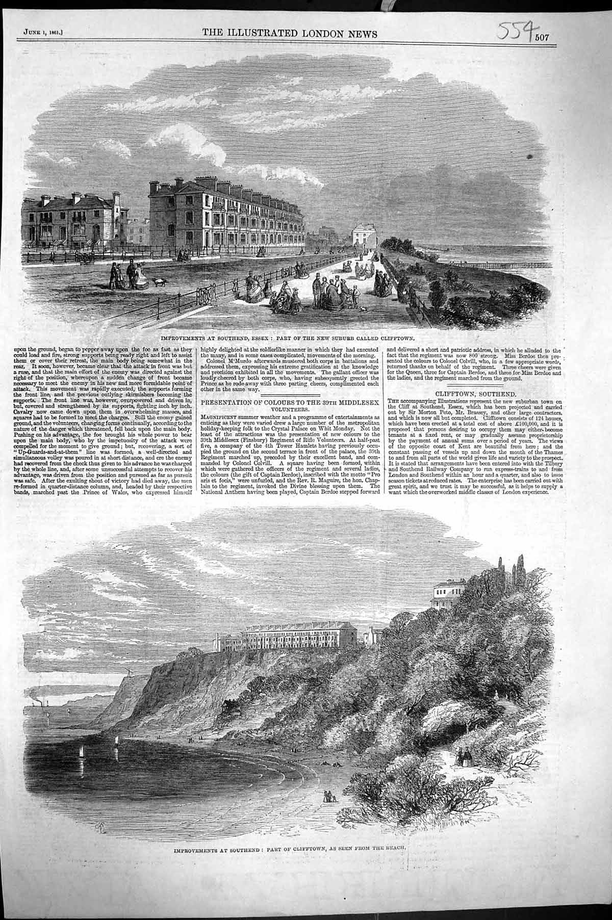 Old Antique Print 1861 Improvements Southend Suburb Clifftown Essex Beach 19th