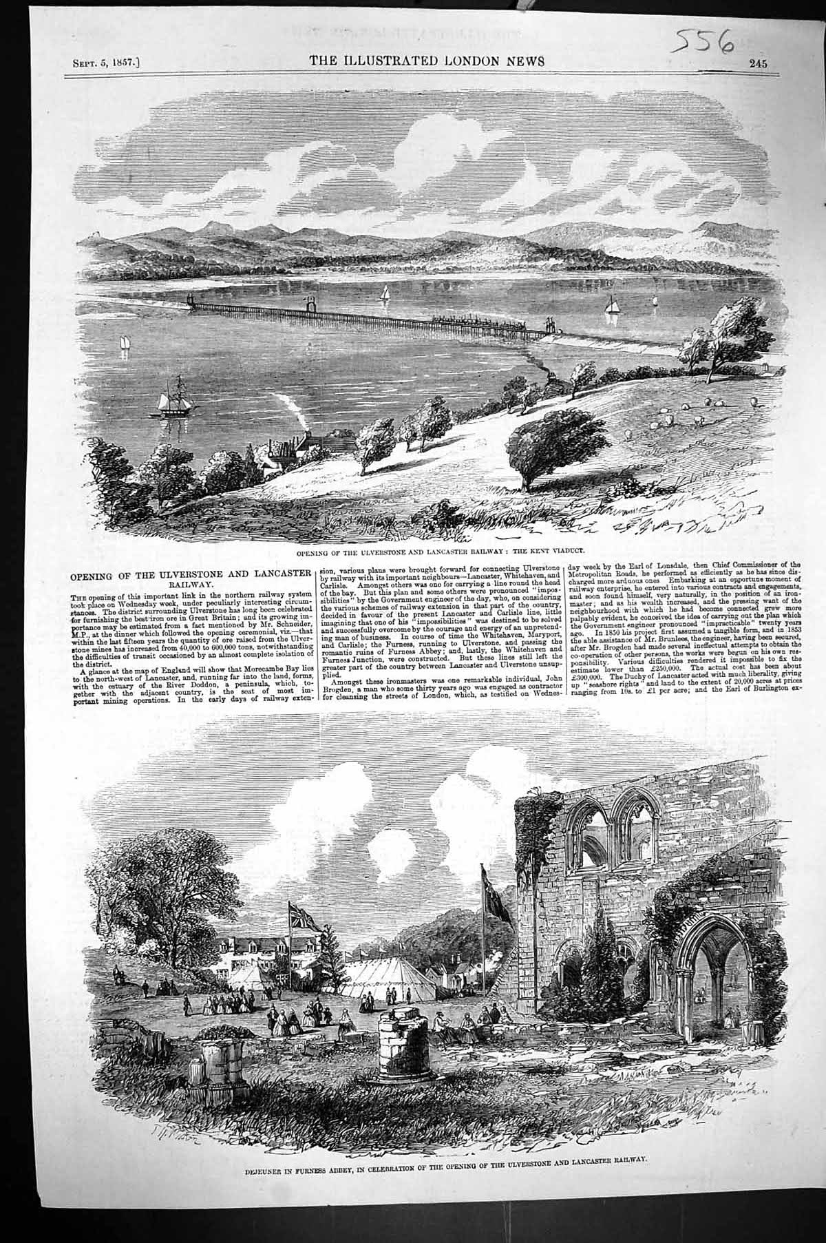 Old 1857 Opening Ulverstone Lancaster Railway Kent Viaduct Dejeuner F Victorian