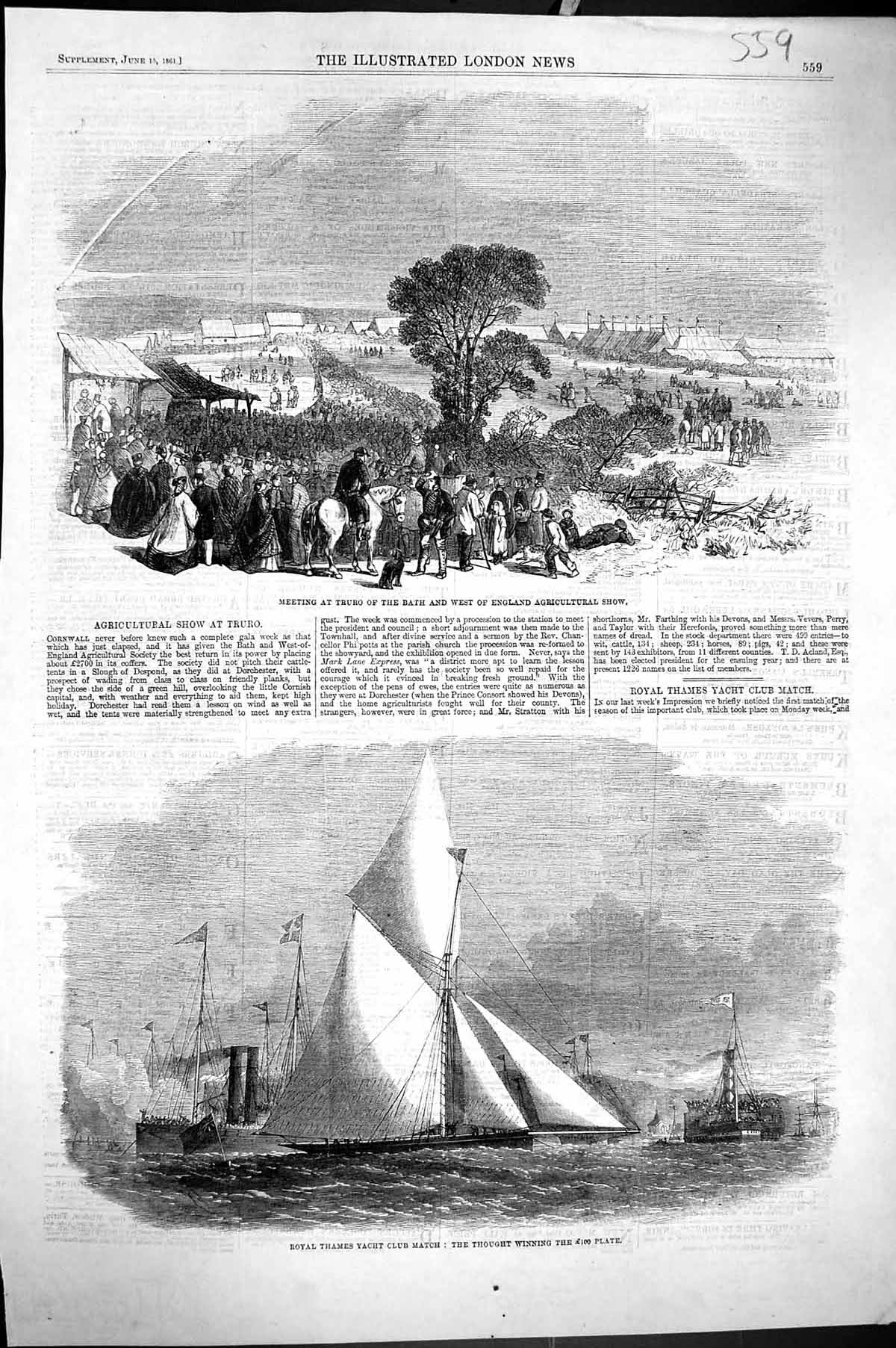 Old 1861 Truro Bath England Agricultural Show Royal Thames Yacht Club Victorian