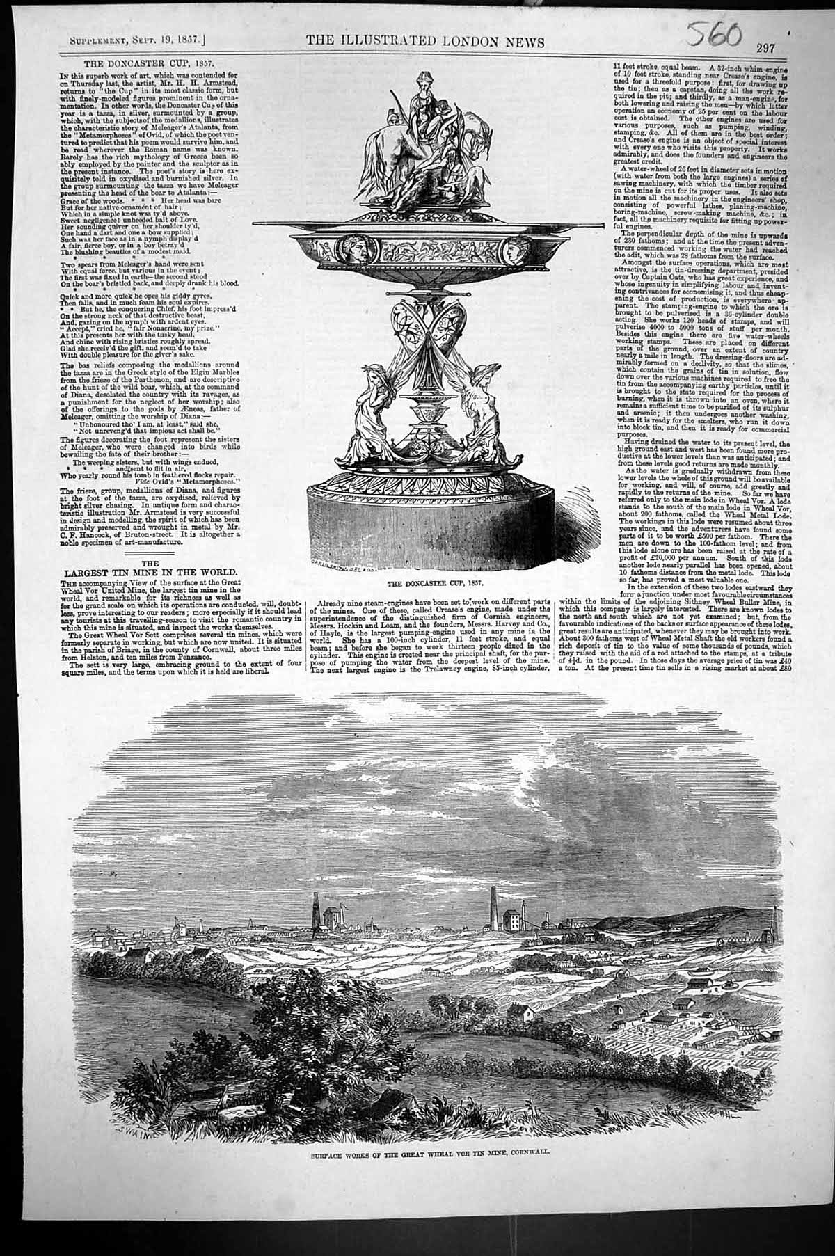 Old 1857 Doncaster Cup Armstead Surface Works Great Wheal Vor Tin Min Victorian