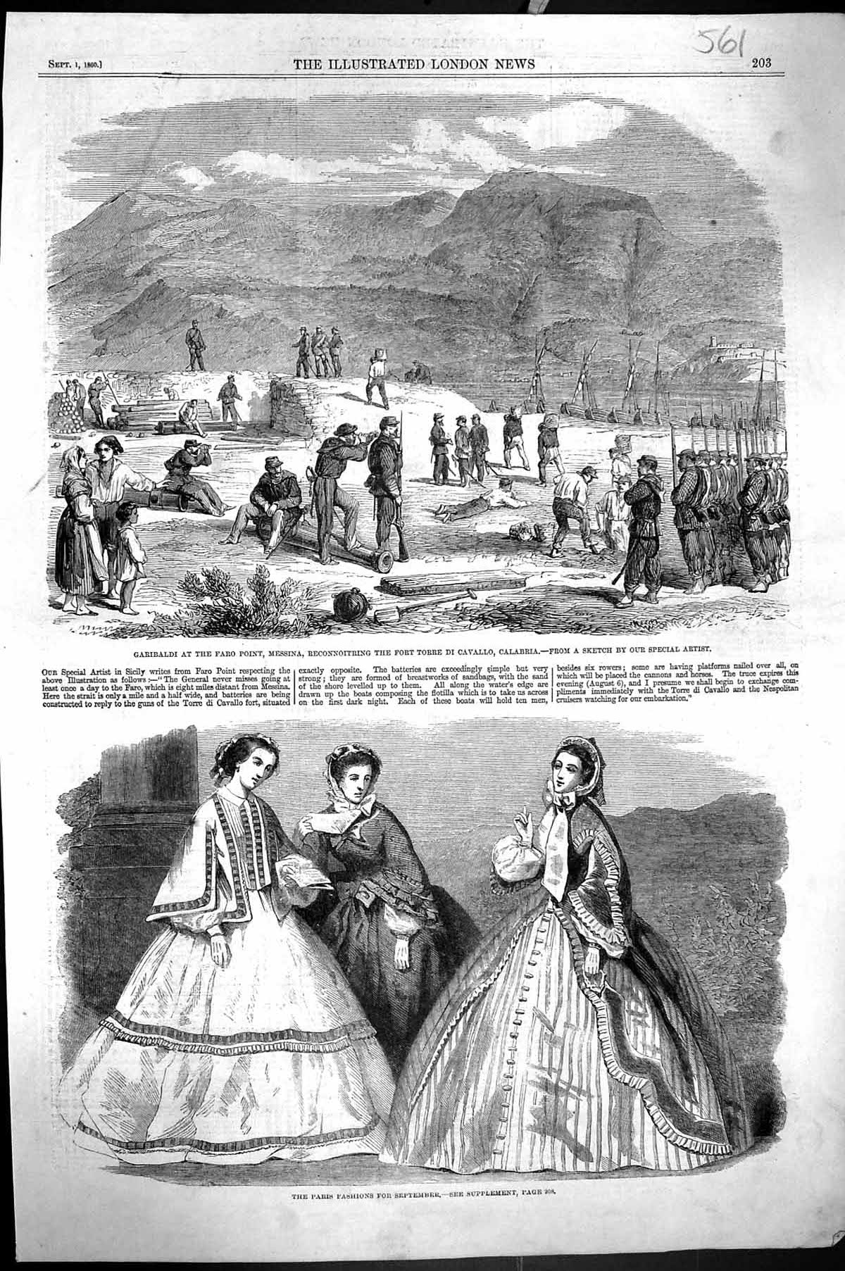Old 1860 Paris Fashion Garibaldi Faro Point Messina Fort Torre Cavall Victorian