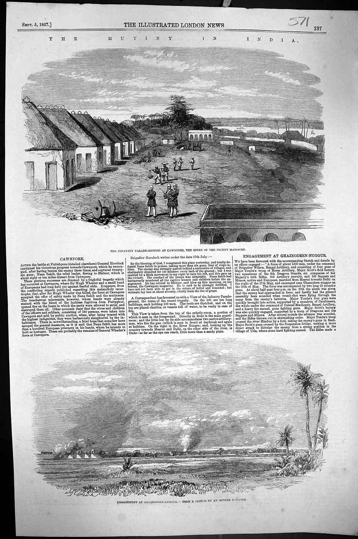 Old 1857 Mutiny India Cawnpore Massacre Engagement Ghazeodeen-Nuggur Victorian