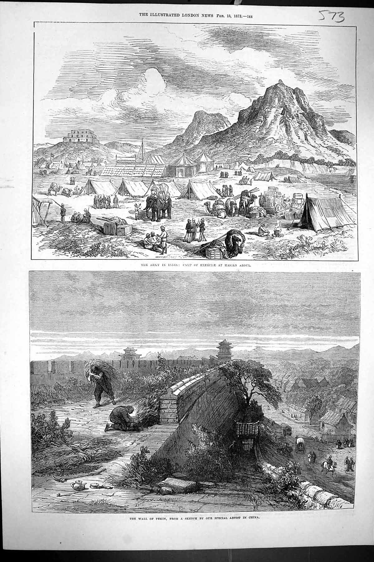 Old Print 1873 Army India Camp Siers Exercise Hassan Abdul Wall Pekin Ch 19th