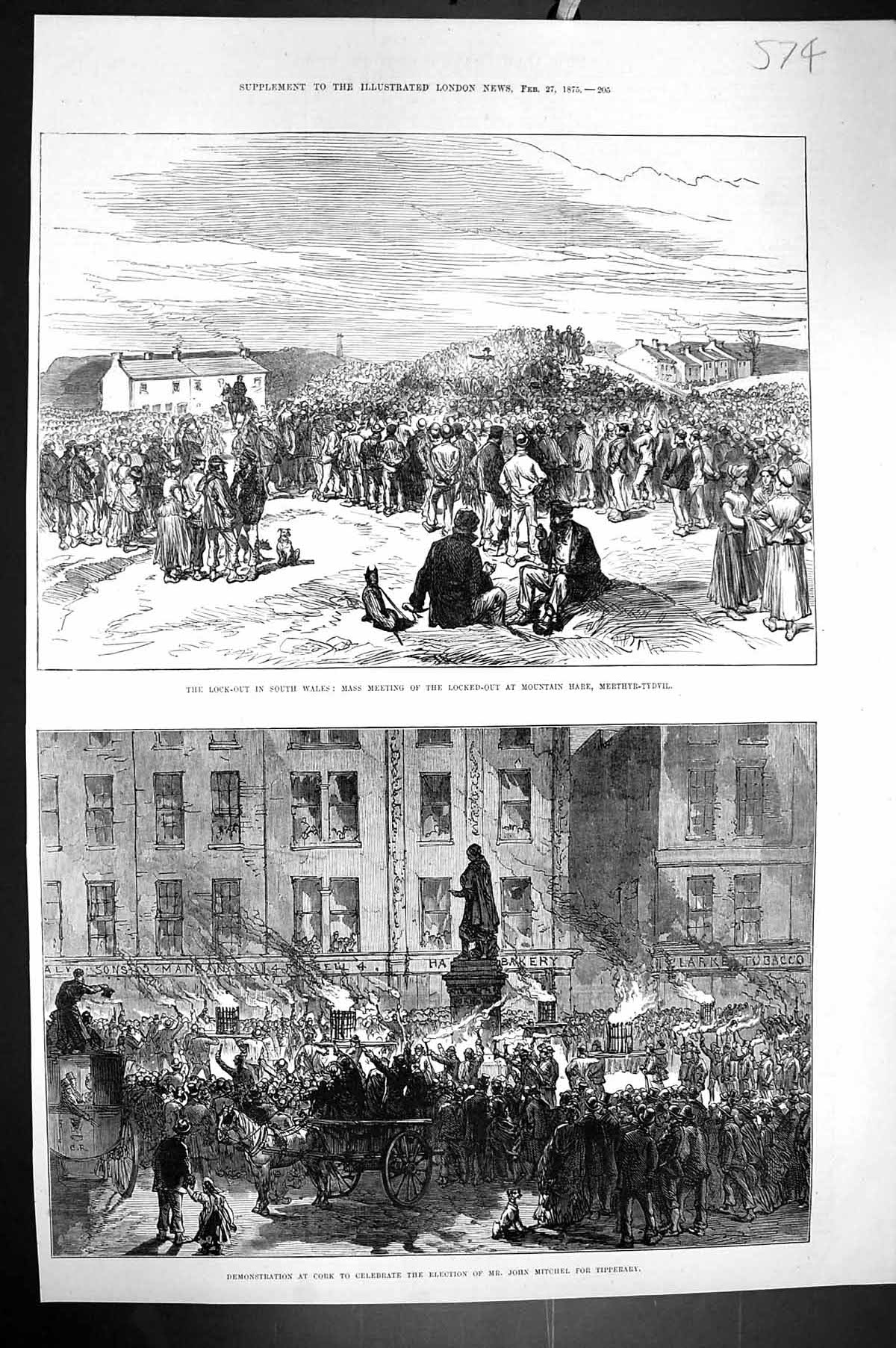 Old 1875 Wales Lock-Out Mountain Hare Merthyr-Tydvil Demonstration Co Victorian