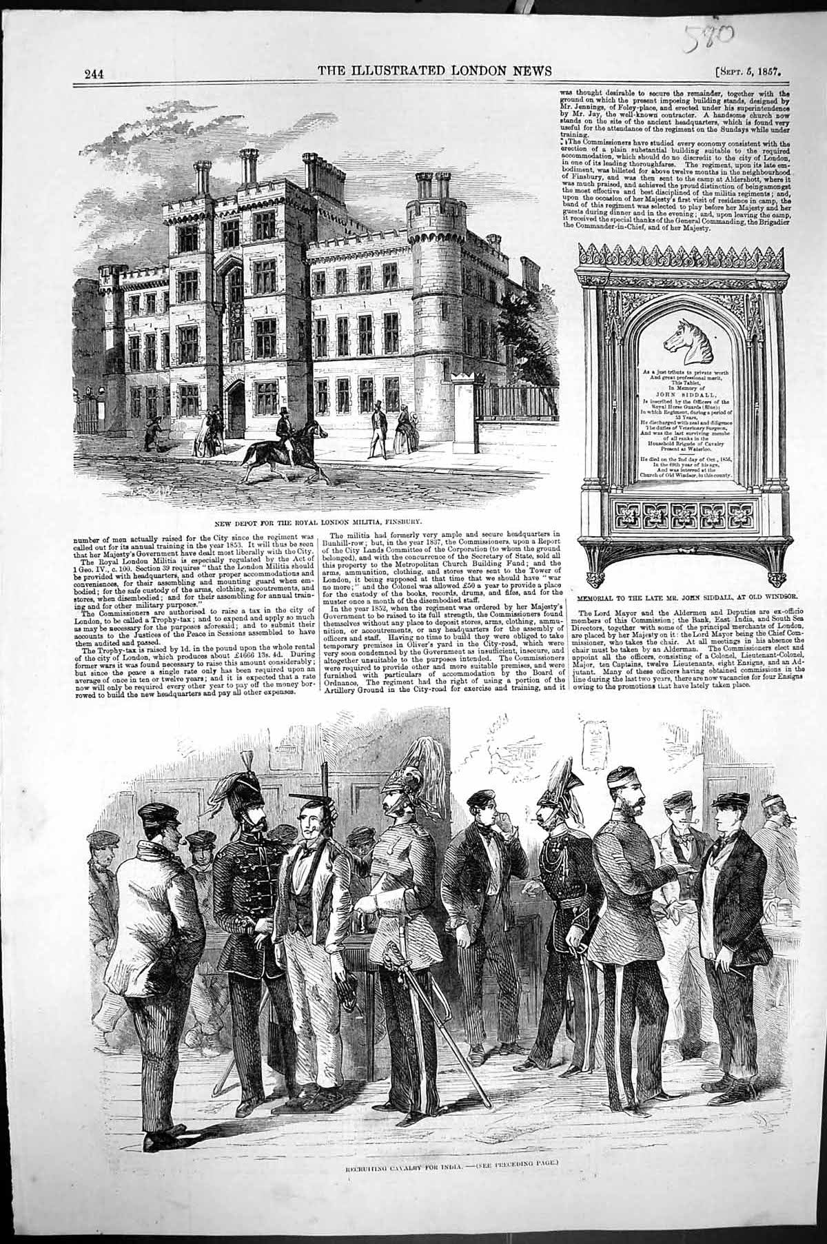 Old 1857 Depot Royal London Militia Finsbury Recruiting Cavalry India Victorian