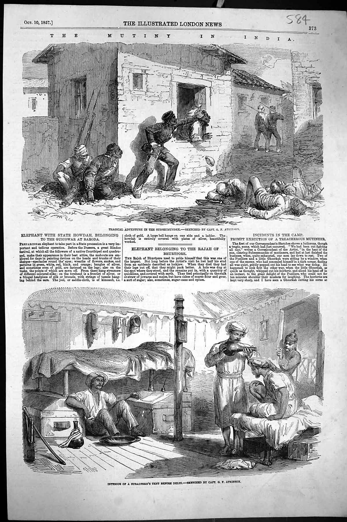 Old 1857 Mutiny India Subseemundee Interior Subaltern Tent Delhi Atki Victorian