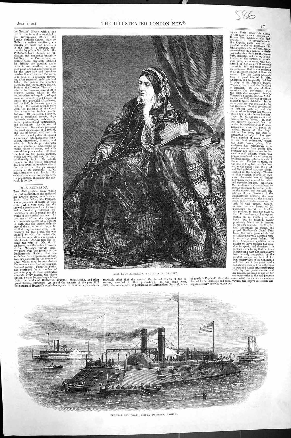 Antique Print 1862 Portrait Lucy Anderson Eminent Pianist Federal Gun-Boat 19th