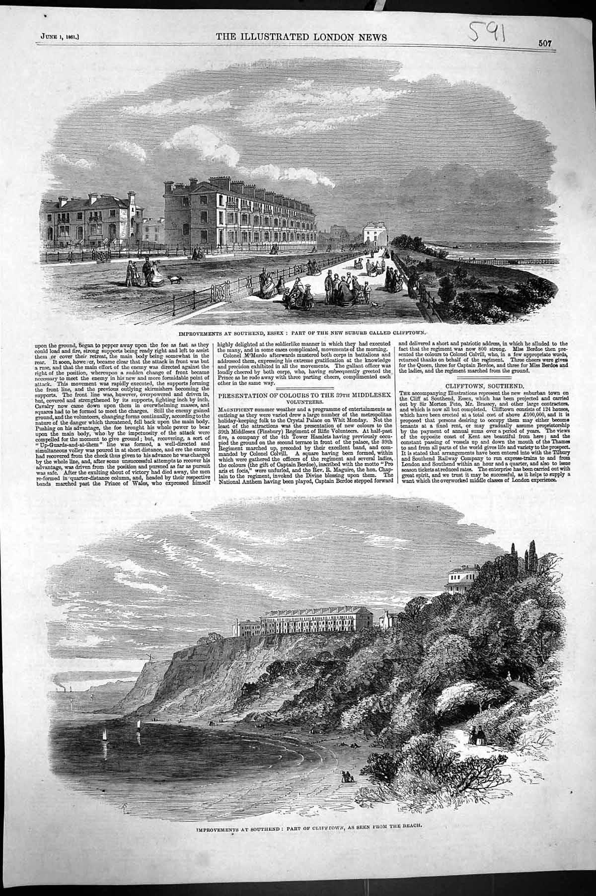 Old Antique Print 1861 Improvements Southend Essex Suburb Clifftown Beach 19th