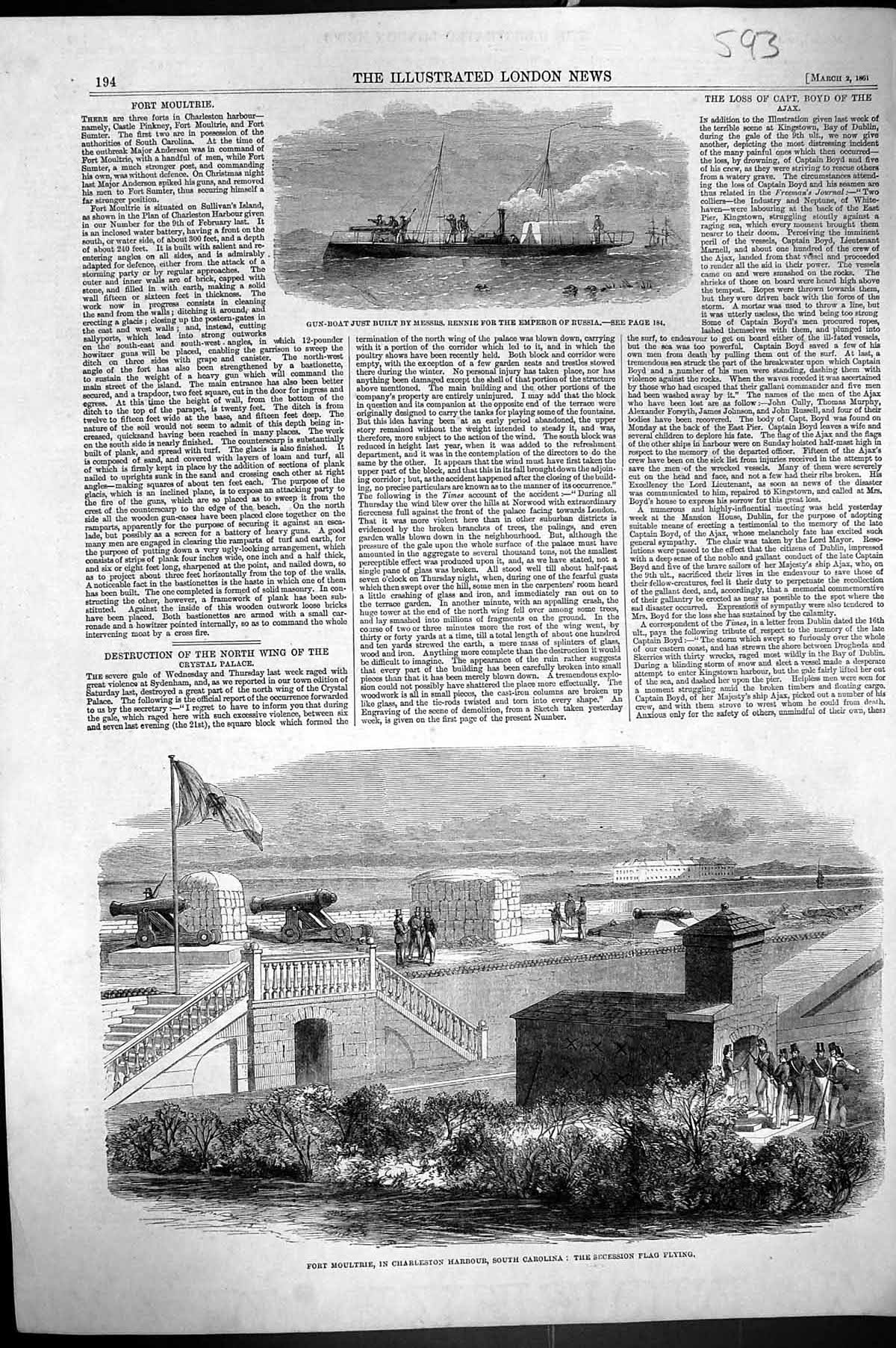 Old 1861 Fort Moultrie Charleston Harbour Carolina Ship Rennie Empero Victorian