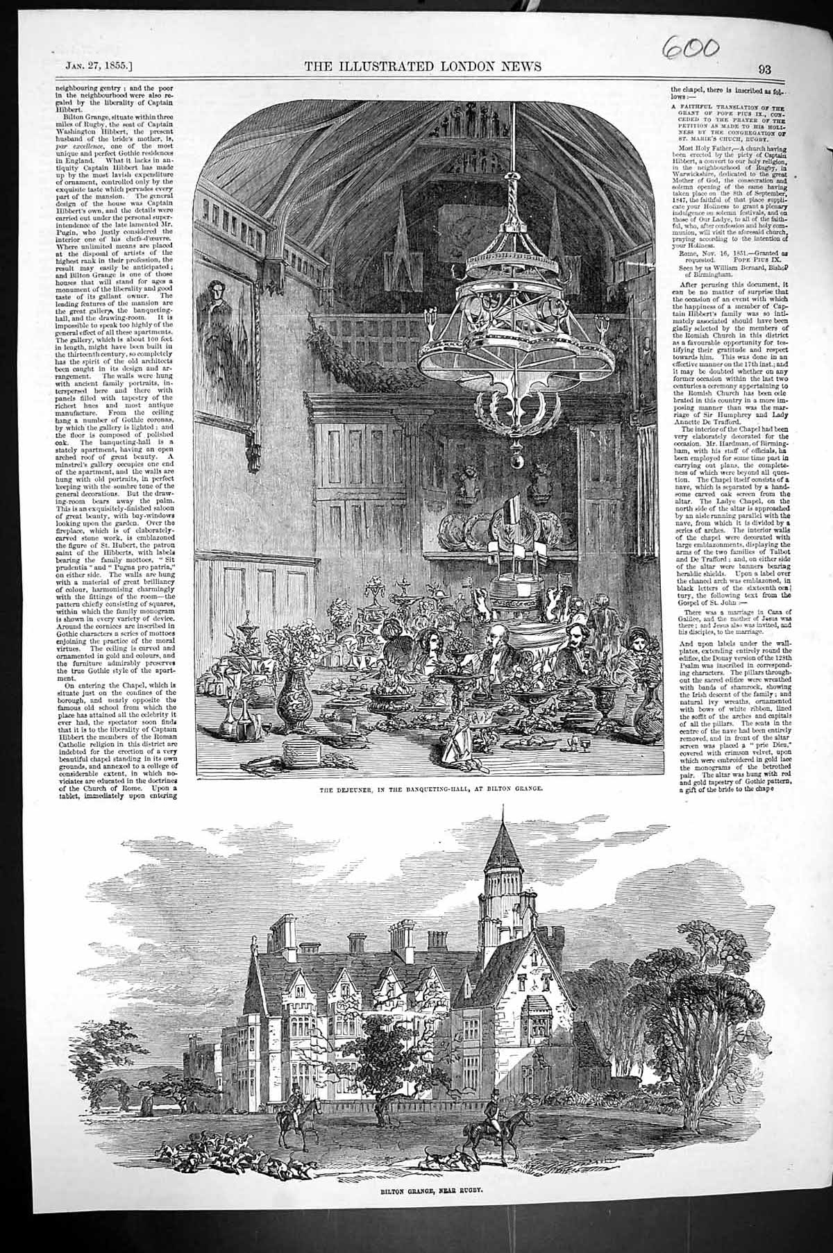 Old Print 1855 Dejeuner Banqueting Hall Bilton Grange Rugby Architecture 19th