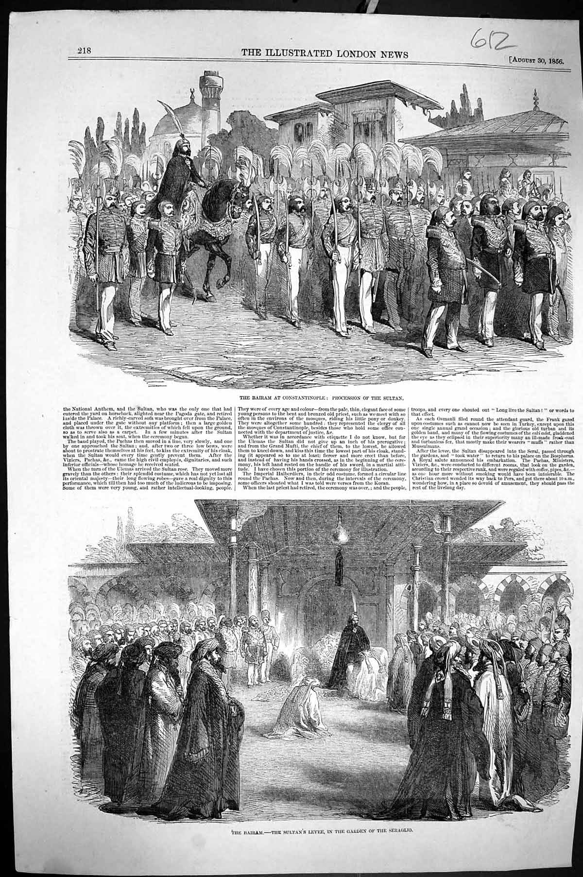 Old Antique Print 1856 Bairam Constantinople Sultan Levee Garden Seraglio 19th