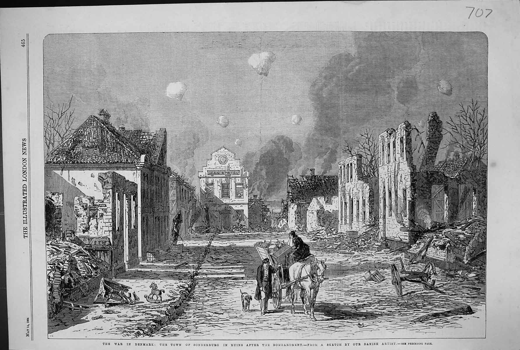 Antique Print 1864 War Denmark Bombardement Town Sonderburg Buildings Ruins