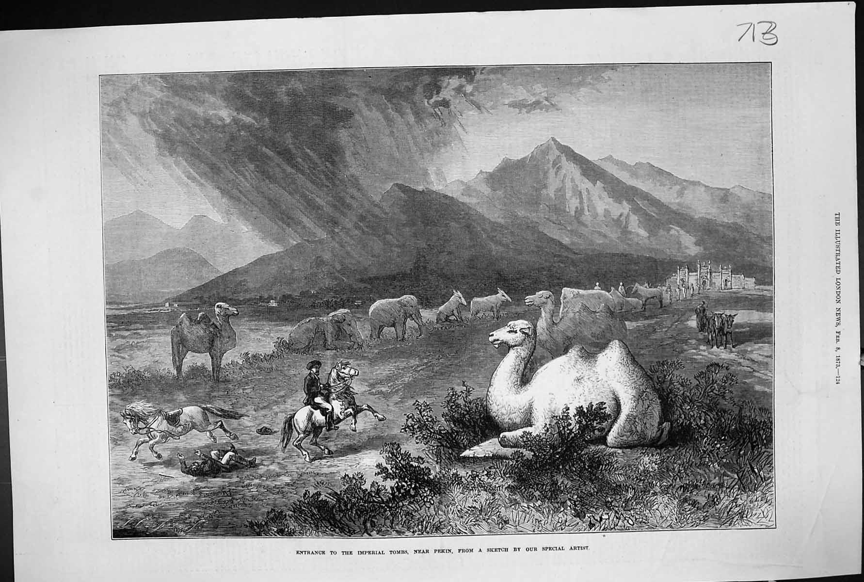 Old 1873 View Entrance Imperial Tombs Pekin China Elephants Camels Ho Victorian