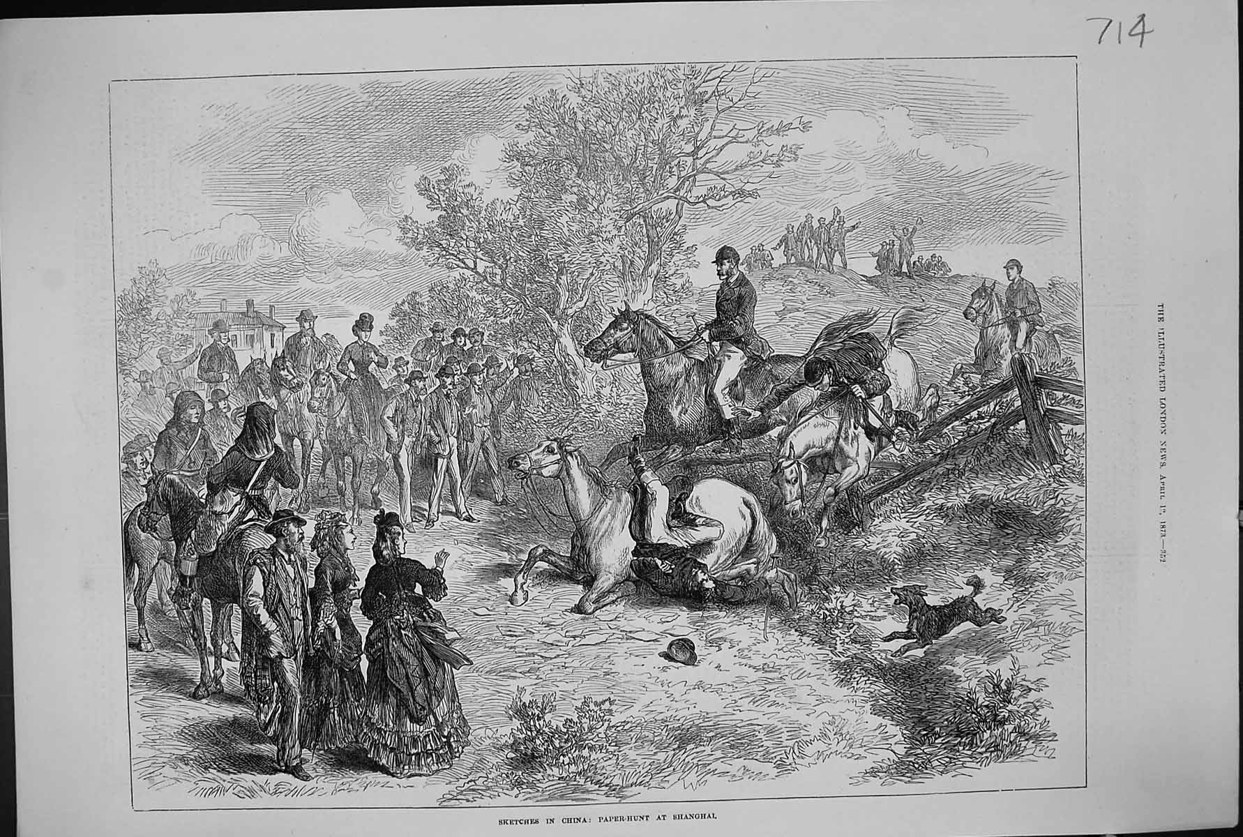 Original Old Antique Print 1873 China Paper Hunt Shanghai Horses Jumping Sport