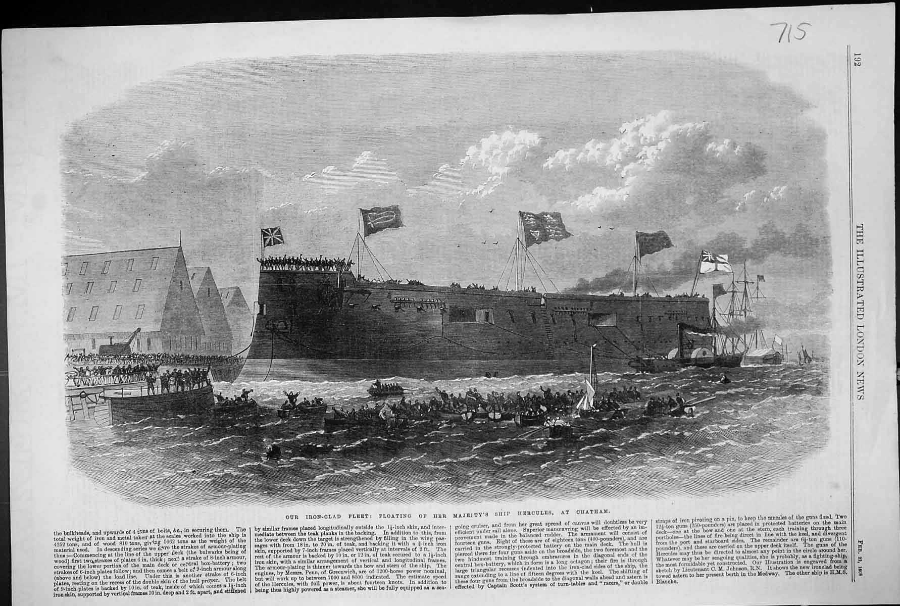 Antique Old Print 1868 Iron-Clad Fleet Ship Floating Hercules Chatham Boats