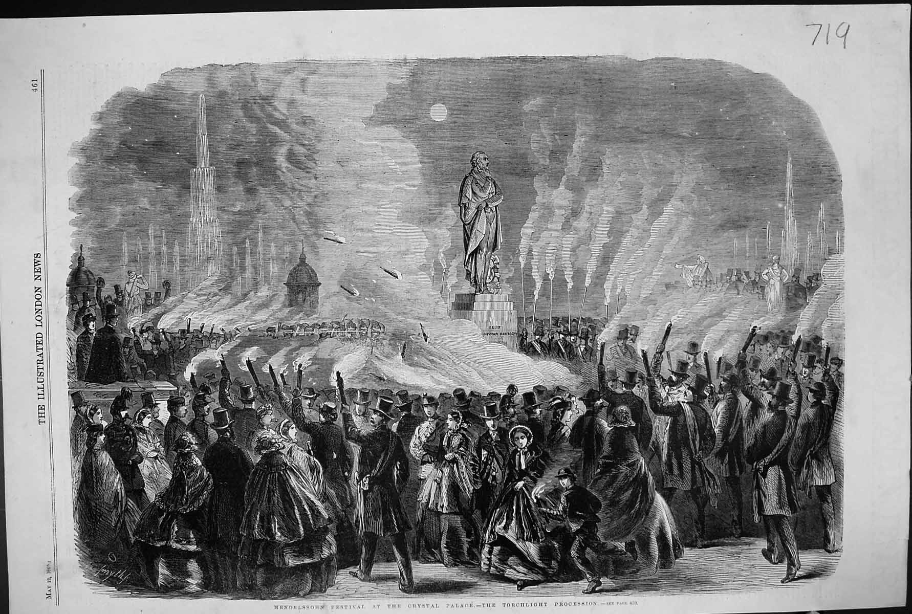 Old Print 1860 Mendelssohn Festival Crystal Palace Torchlight Procession 19th