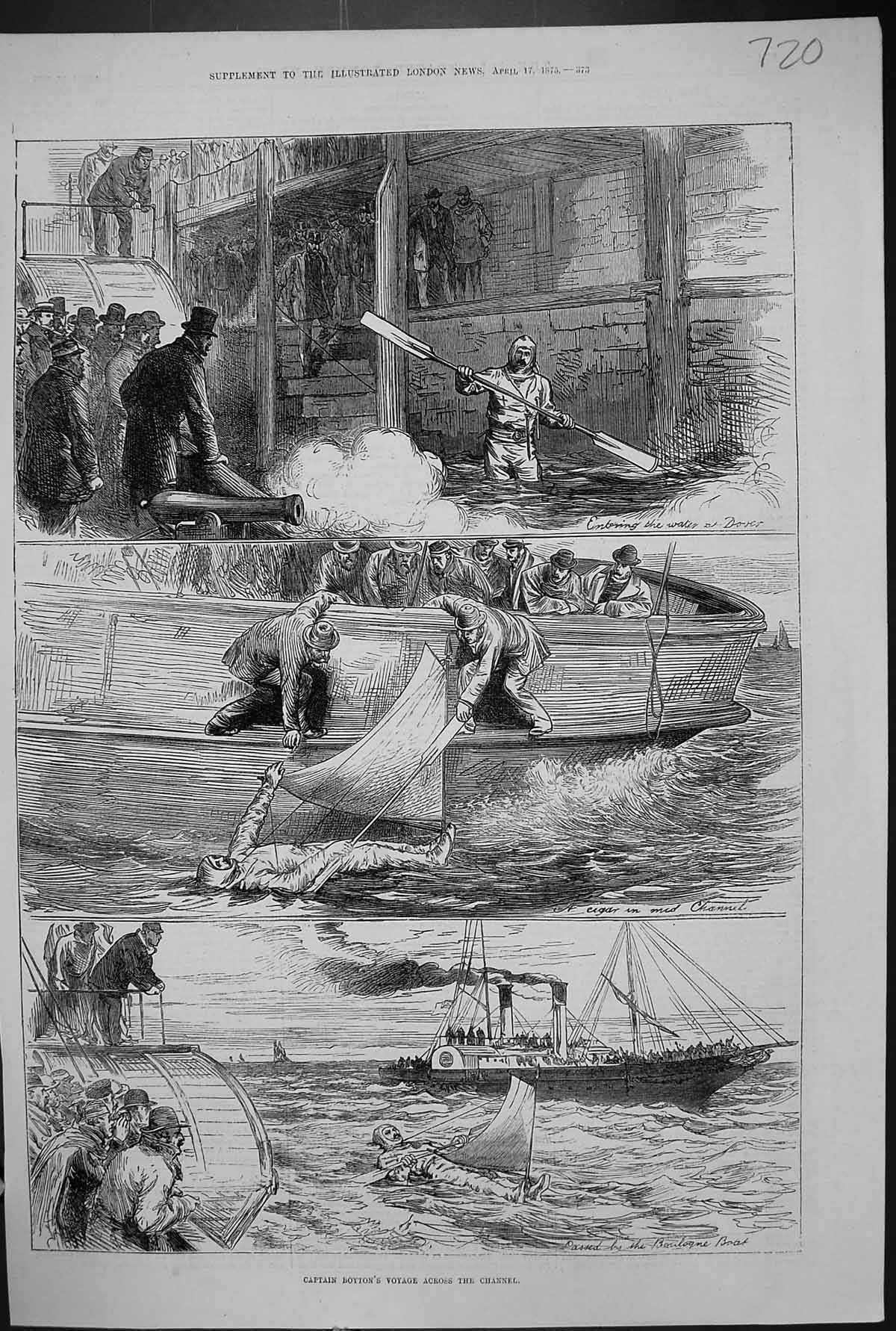 Old 1875 Captain Boyton Voyage English Channel Boulogne Boat France E Victorian