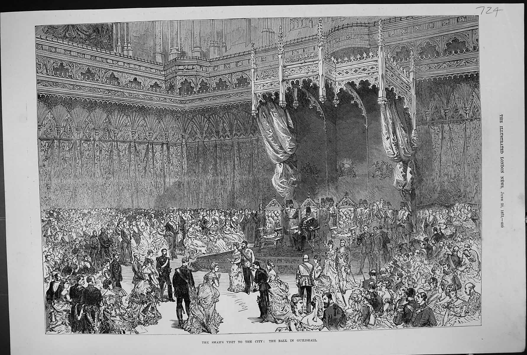 Original Old Antique Print 1873 Shah Visit City London England Ball Guildhall