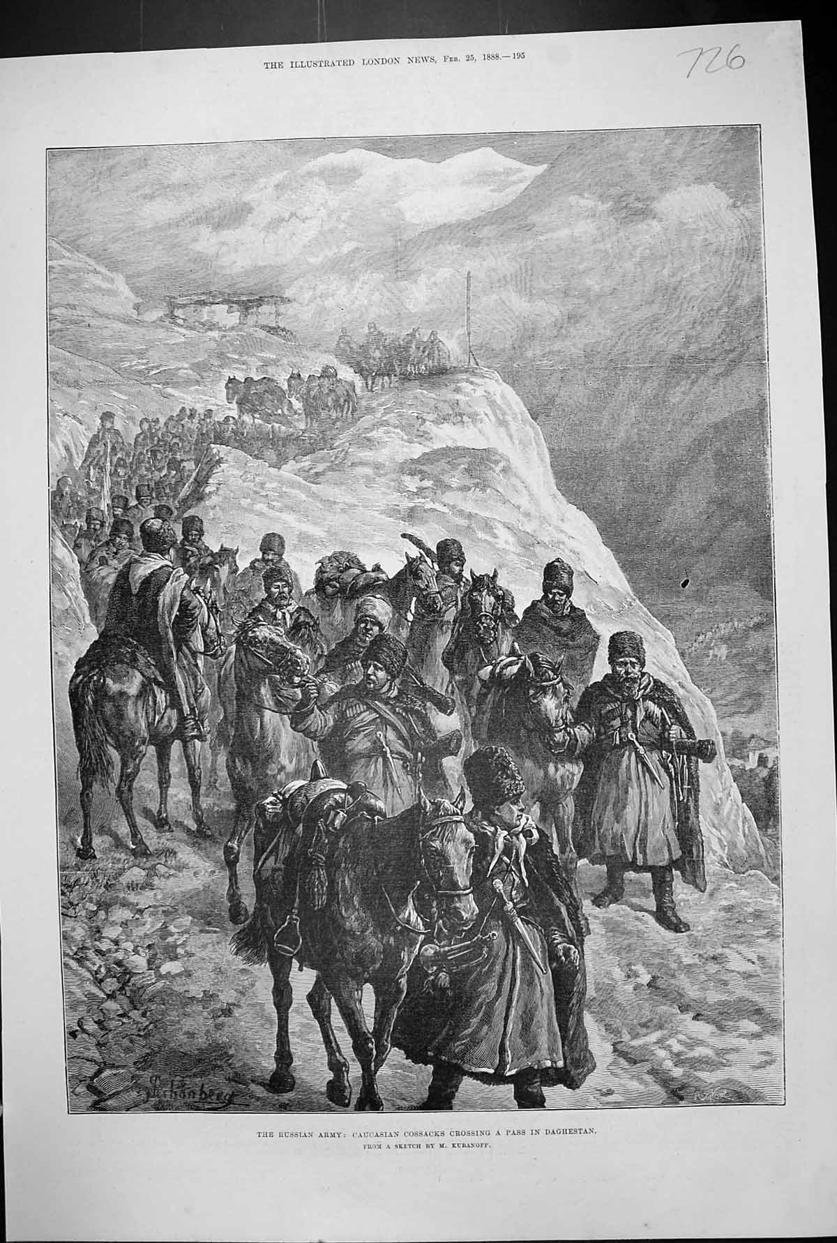 Antique Print 1888 Russian Army Caucasian Cossacks Crossing Pass Daghestan 19th