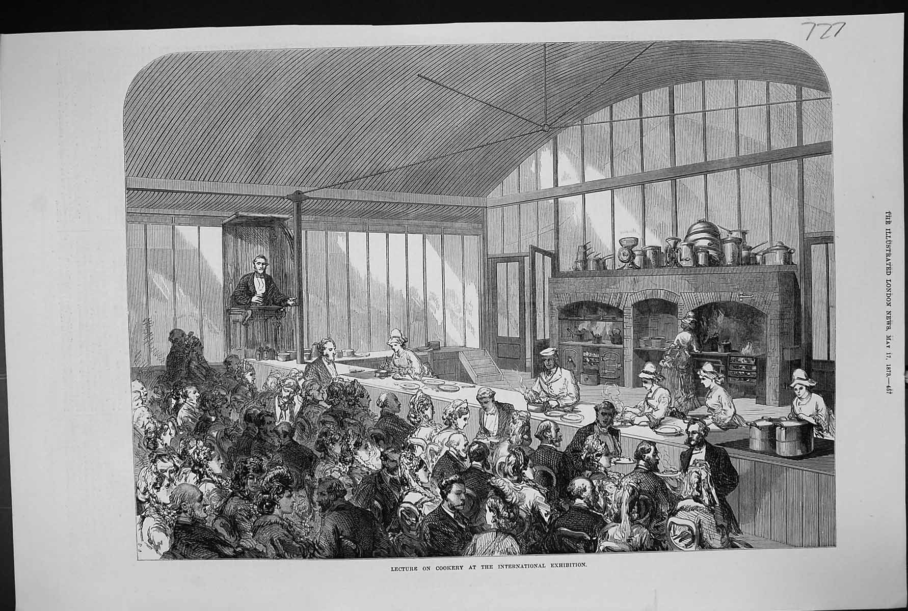 Original Old Antique Print 1873 Lecture Cookery International Exhibition 19th