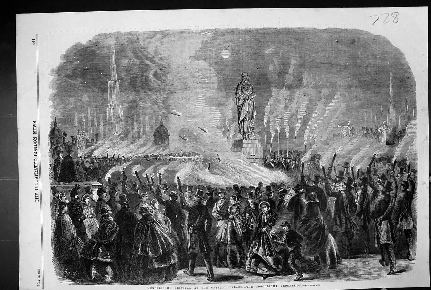 Old Print 1860 Mendelssohn Festival Crystal Palace Torchlight Procession 19th