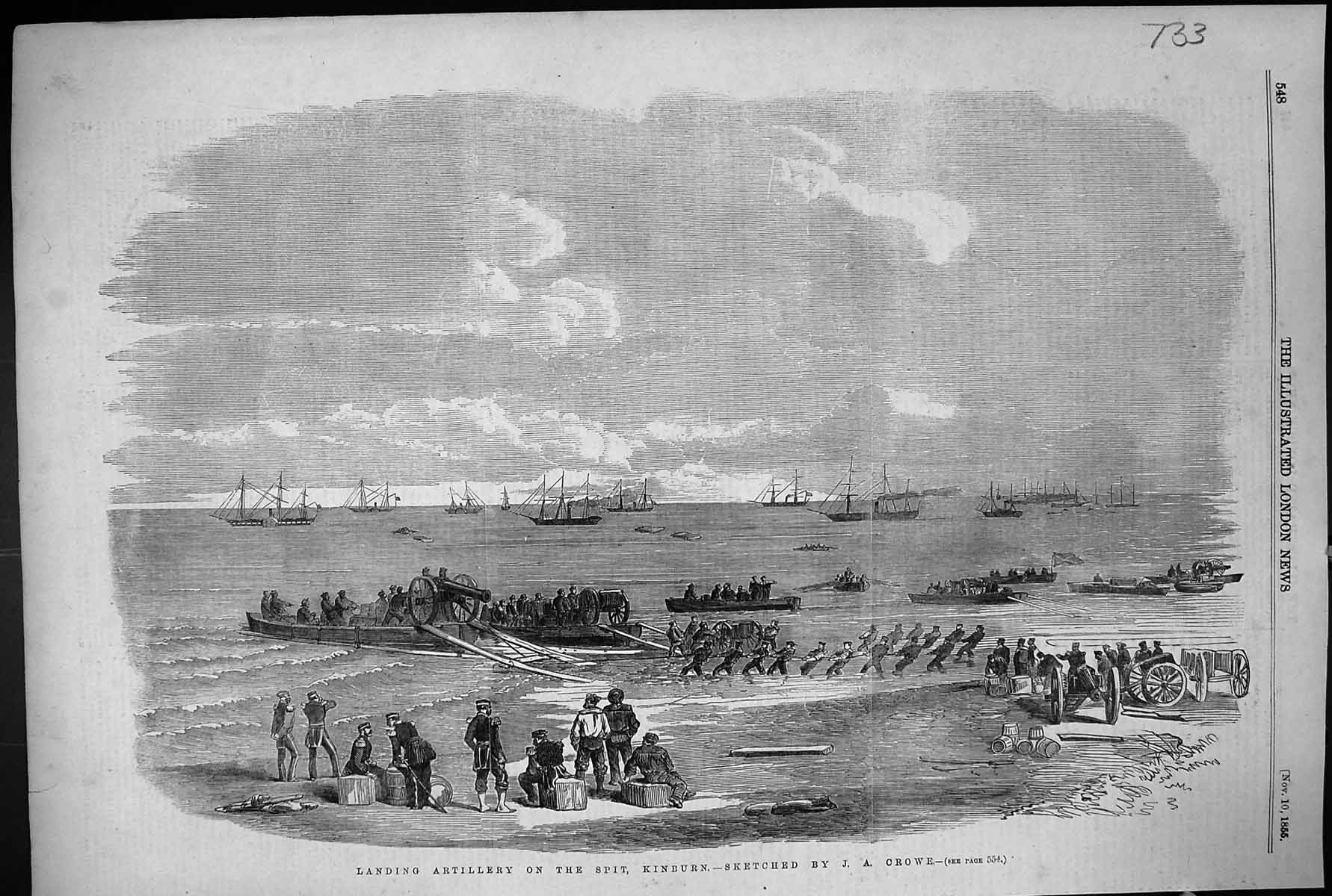 Antique Print 1855 Landing Artillery Spit Kinburn Ships Boats Siers Crowe 19th