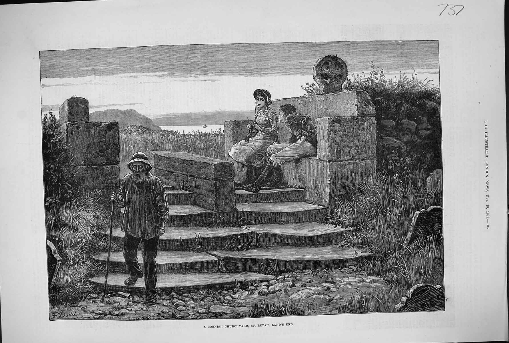 Old 1881 View Cornish Churchyard St. Levan Land'S End Cornwall Englan Victorian