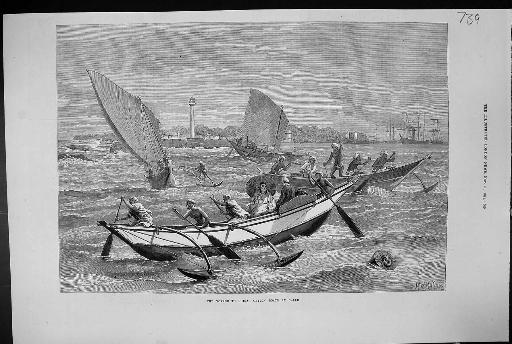 Old Antique Print 1872 Voyage China Ceylon Boats Galle Sailing Transport 19th