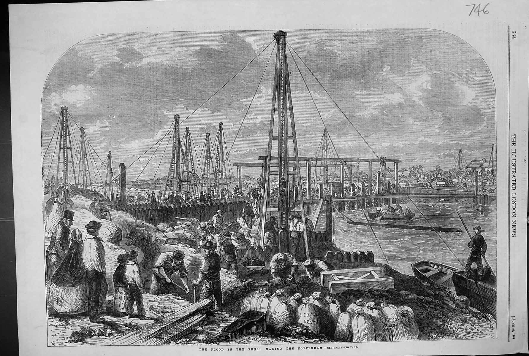 Original Old Antique Print 1862 Flood Fens Making Cofferdam River Boats 19th