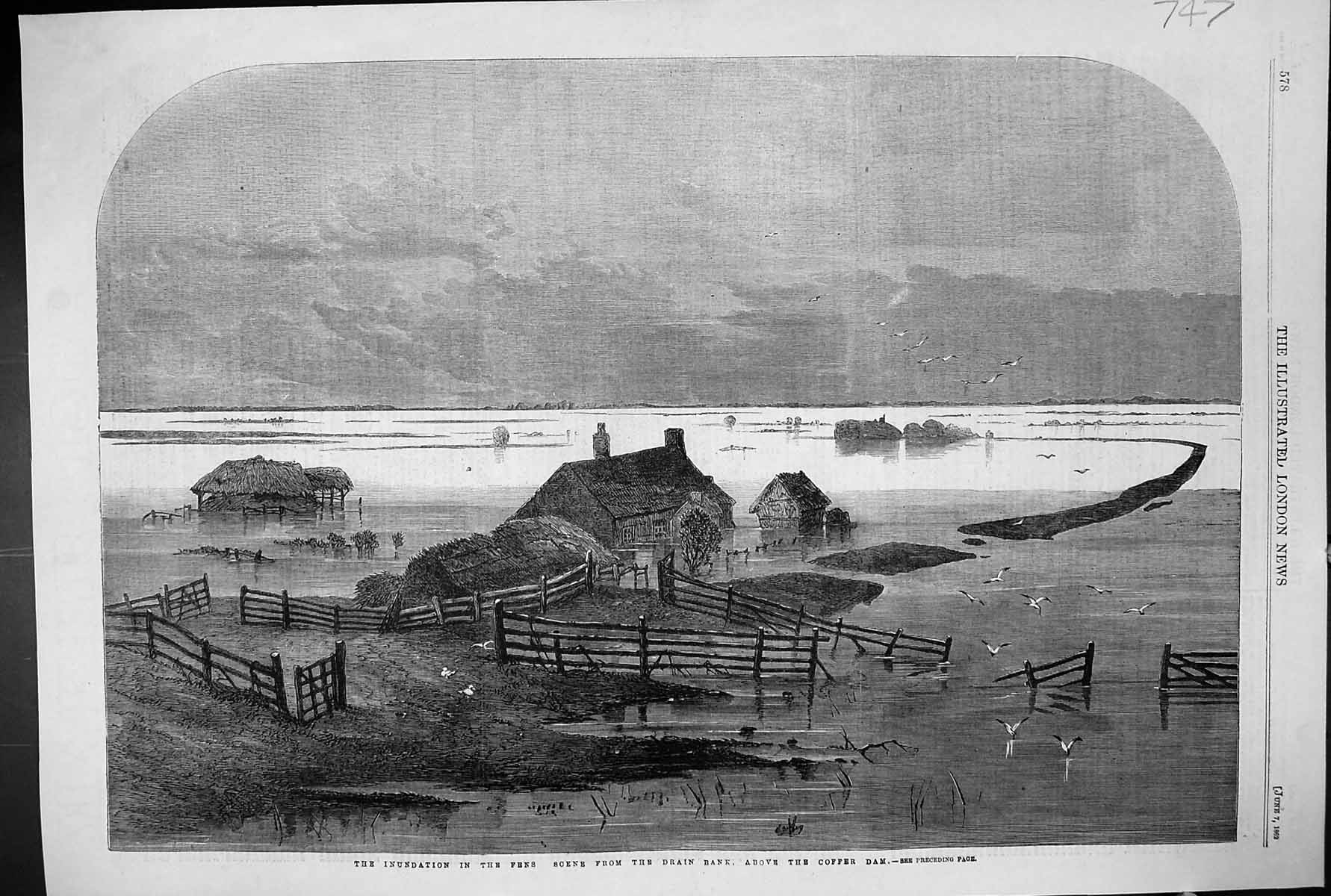 Old 1862 Floods Inundation Fens Scene Drain Bank Coffer Dam Fine Art Victorian