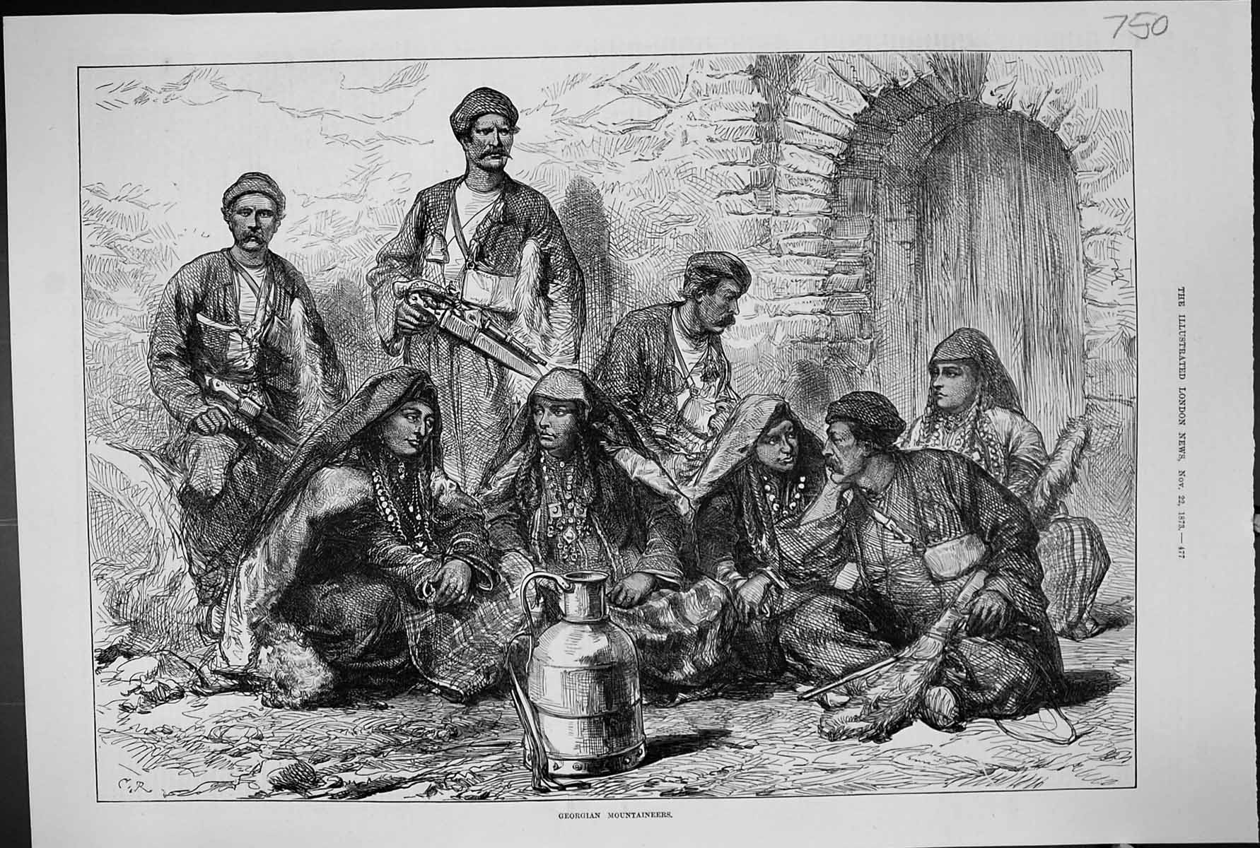 Original Old Antique Print 1873 Scene Georgian Mountaineers People Costumes
