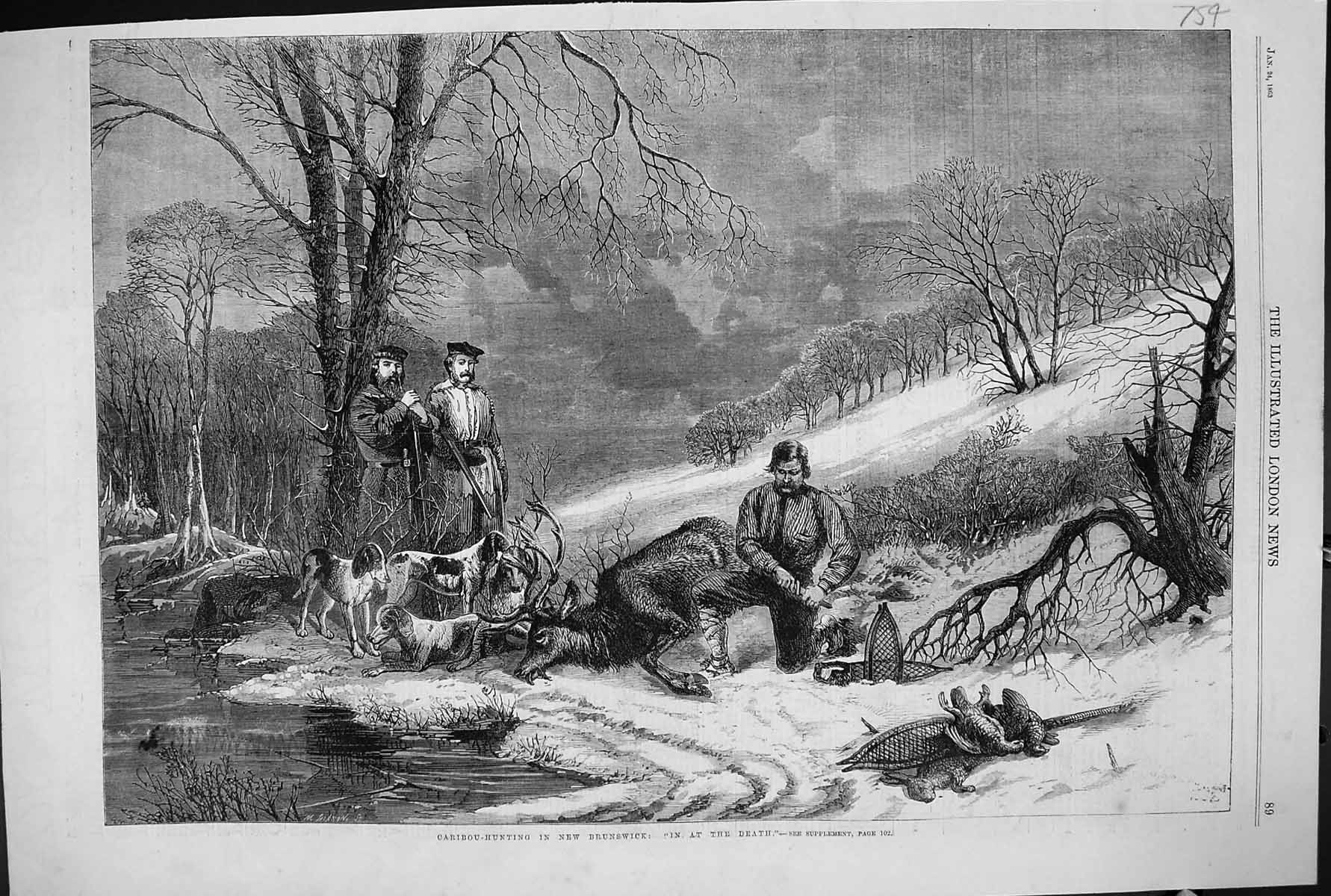 Old Antique Print 1863 Caribou Hunting New Brunswick Dead Animals Sport 19th