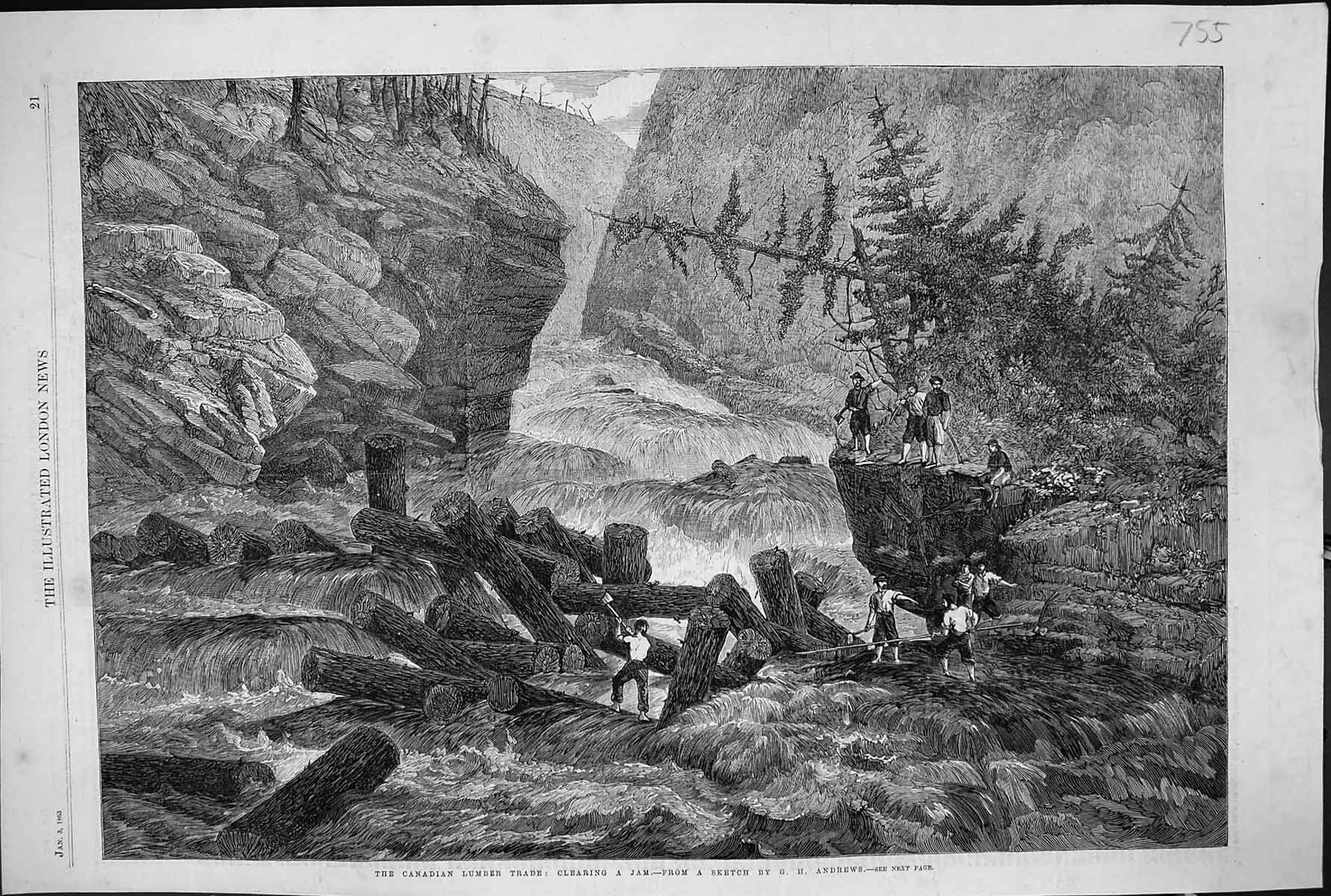 Old 1863 Canada Lumber Trade Clearing Logs Jam River Andrews Fine Art Victorian