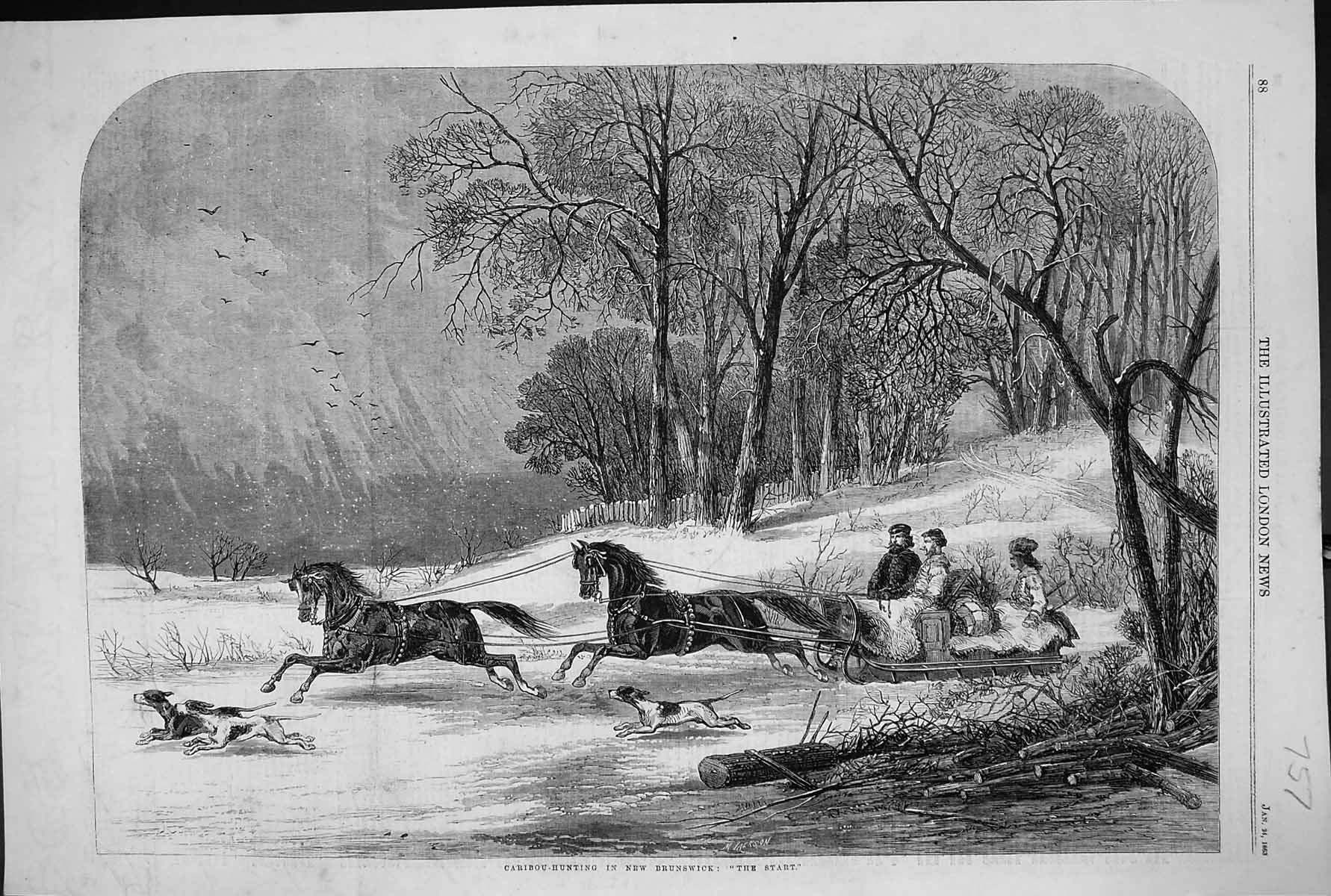 Antique Print 1863 Caribou Hunting New Brunswick Horses Hounds Sleigh Snow 19th