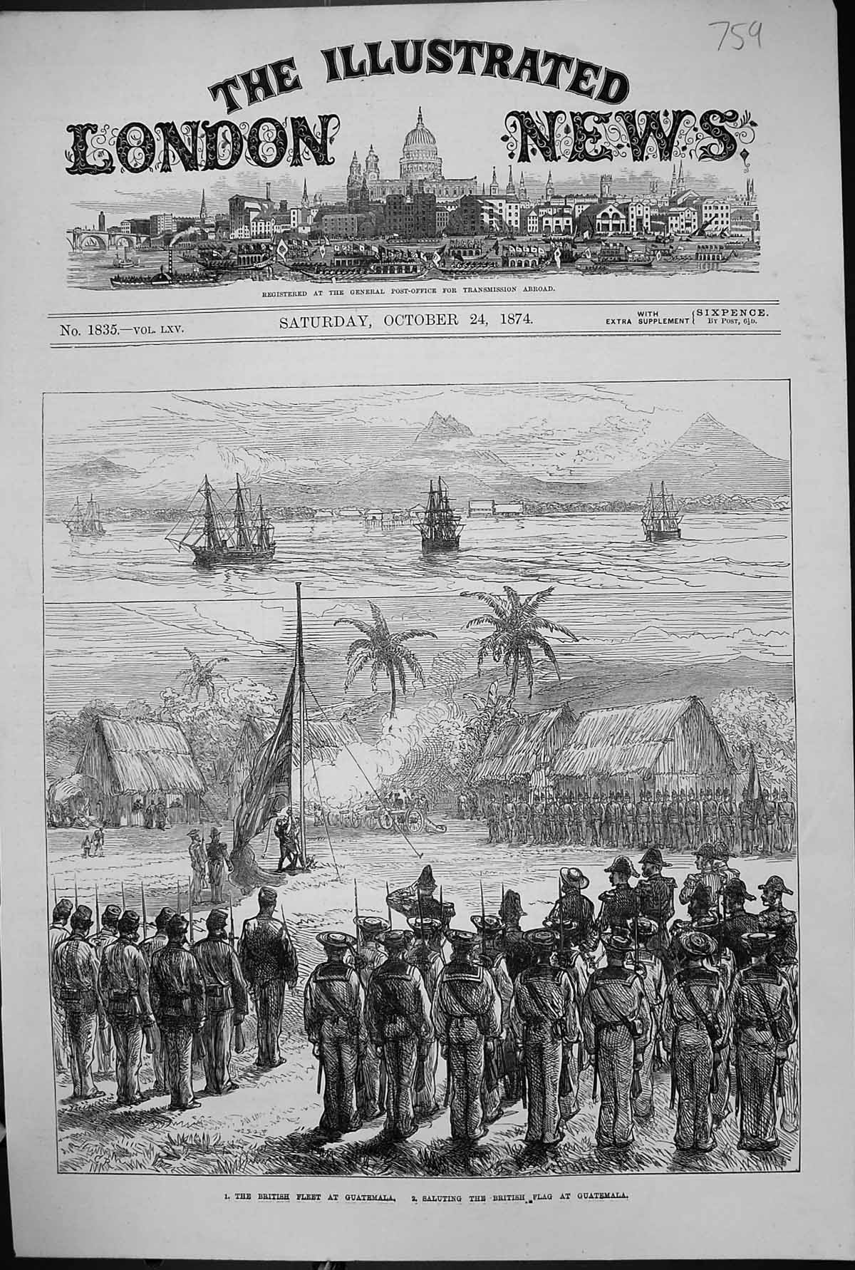 Old Print 1874 British Fleet Guatemala Saluting British Flag War Siers S 19th