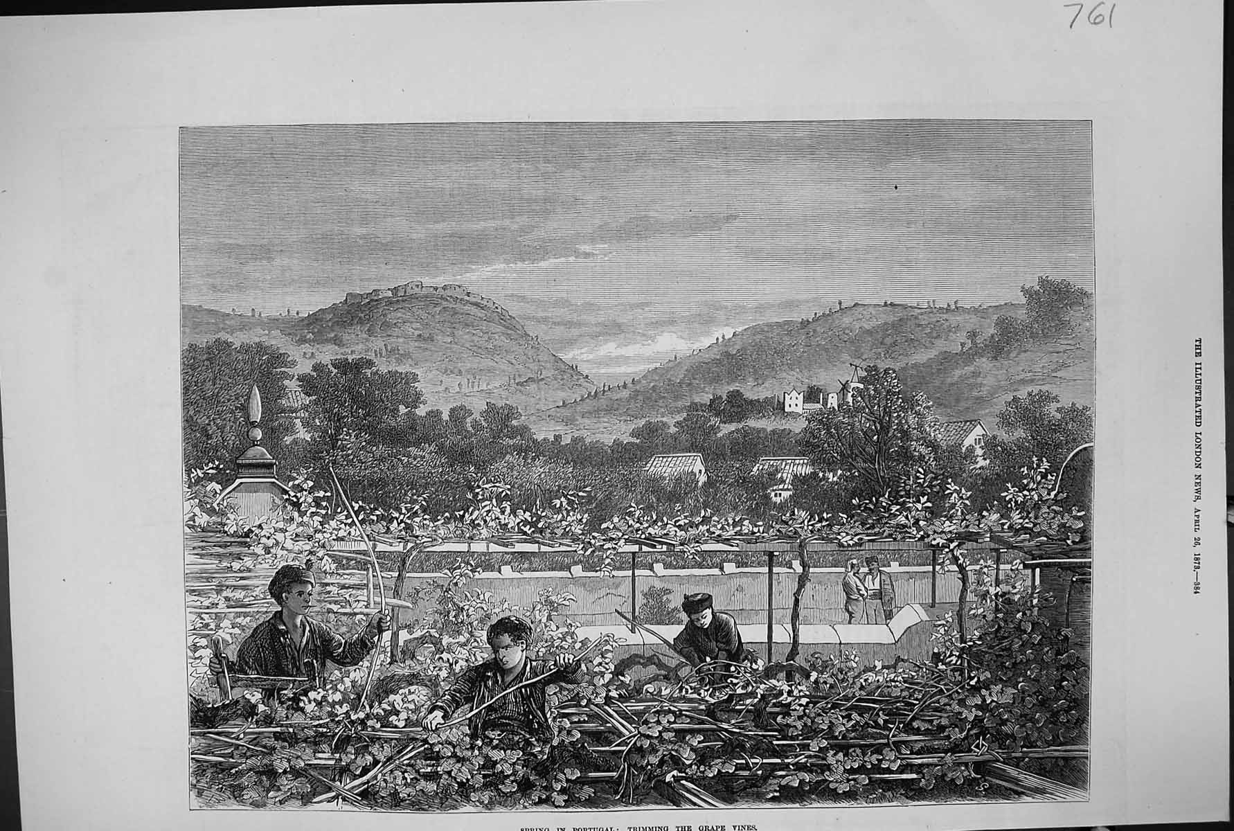 Old 1873 Spring Portugal Trimming Grape Vines Wine Industry Fine Art Victorian