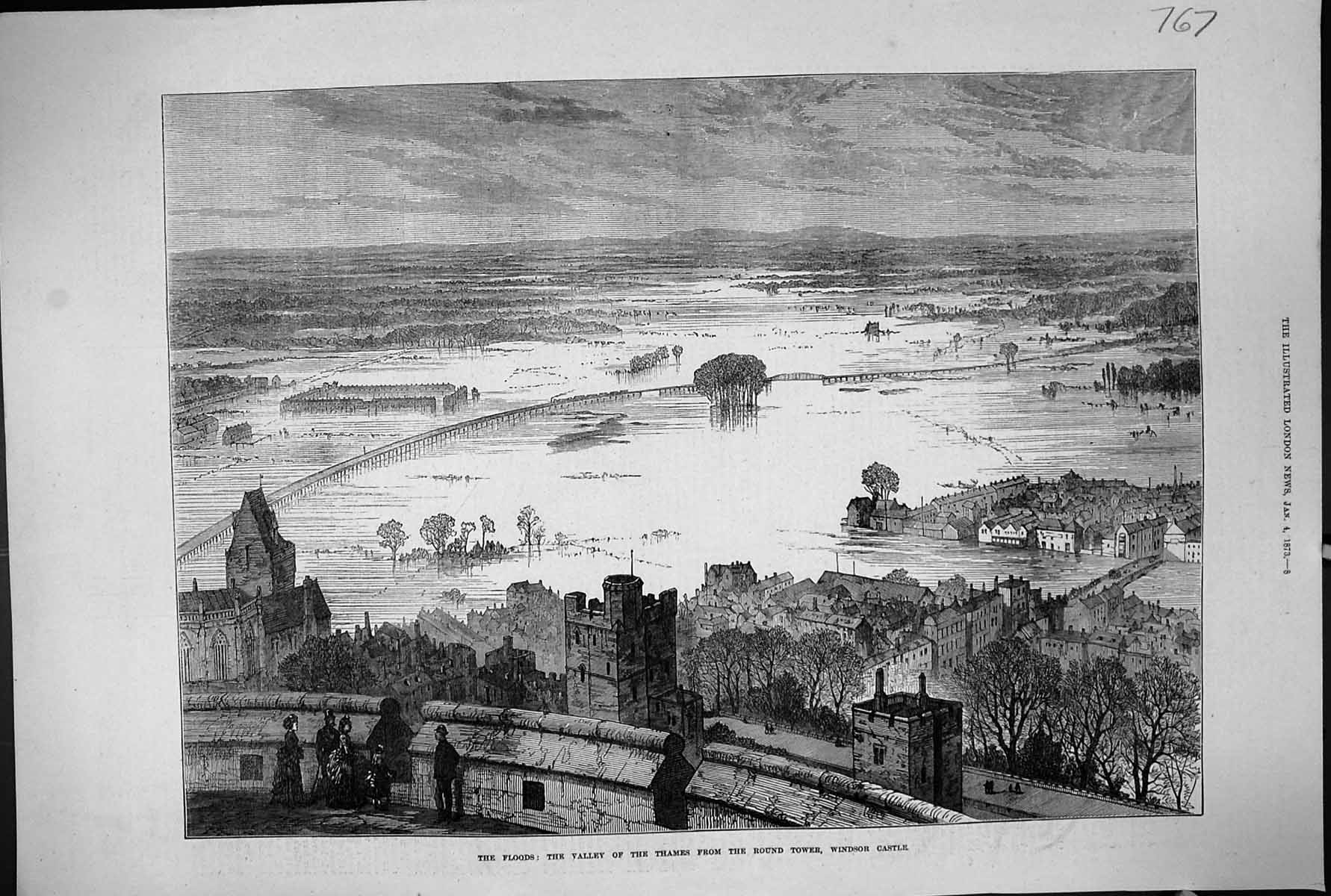 Old 1873 Floods Valley River Thames Round Tower Windsor Castle London Victorian