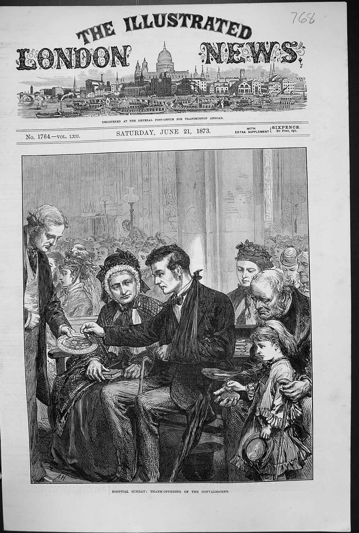 Antique Print 1873 Hospital Sunday Thank-Offering Convalescent Church Plate