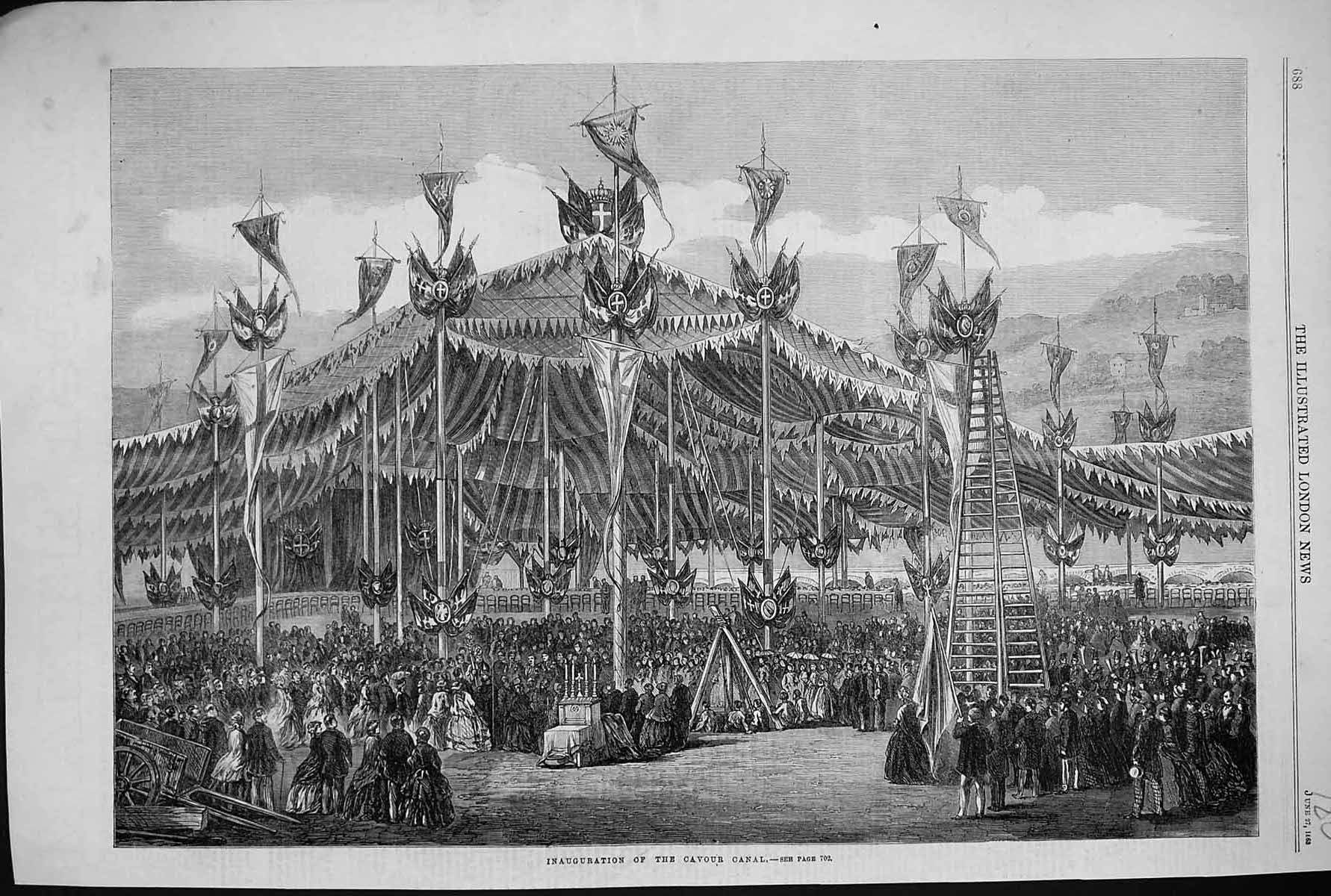 Original Old Antique Print 1863 Scene Inauguration Cavour Canal Flags Victorian