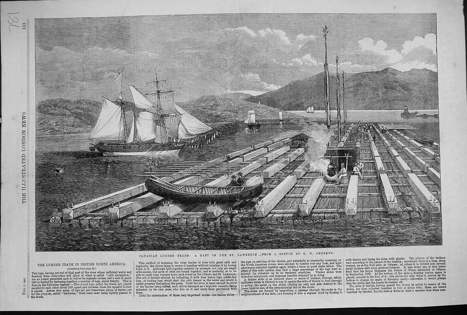 Antique Print 1863 Canada Lumber Trade Raft St. Lawrence River Boats Ships 19th