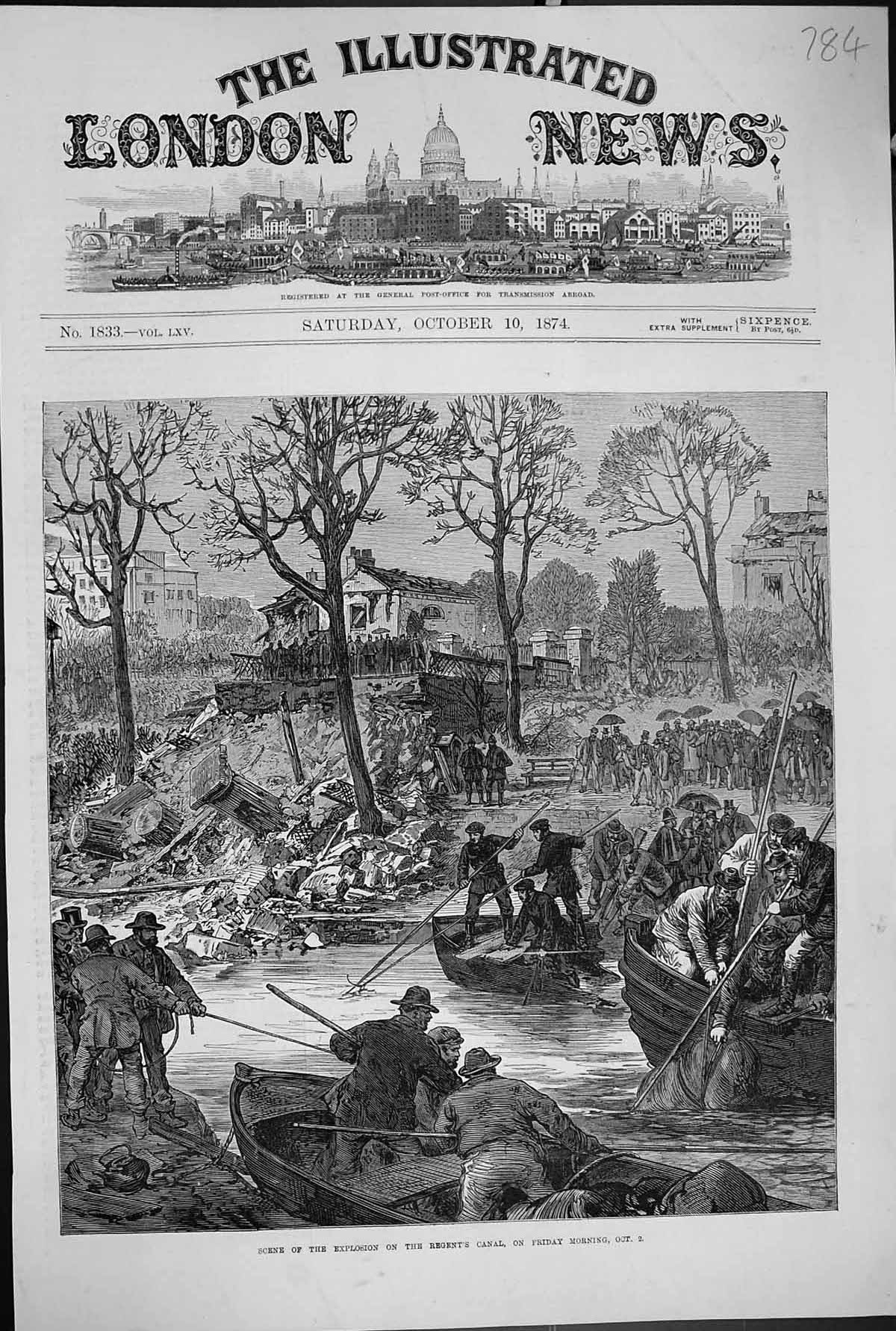 Old Antique Print 1874 Scene Explosion Regent'S Canal London River Boats 19th