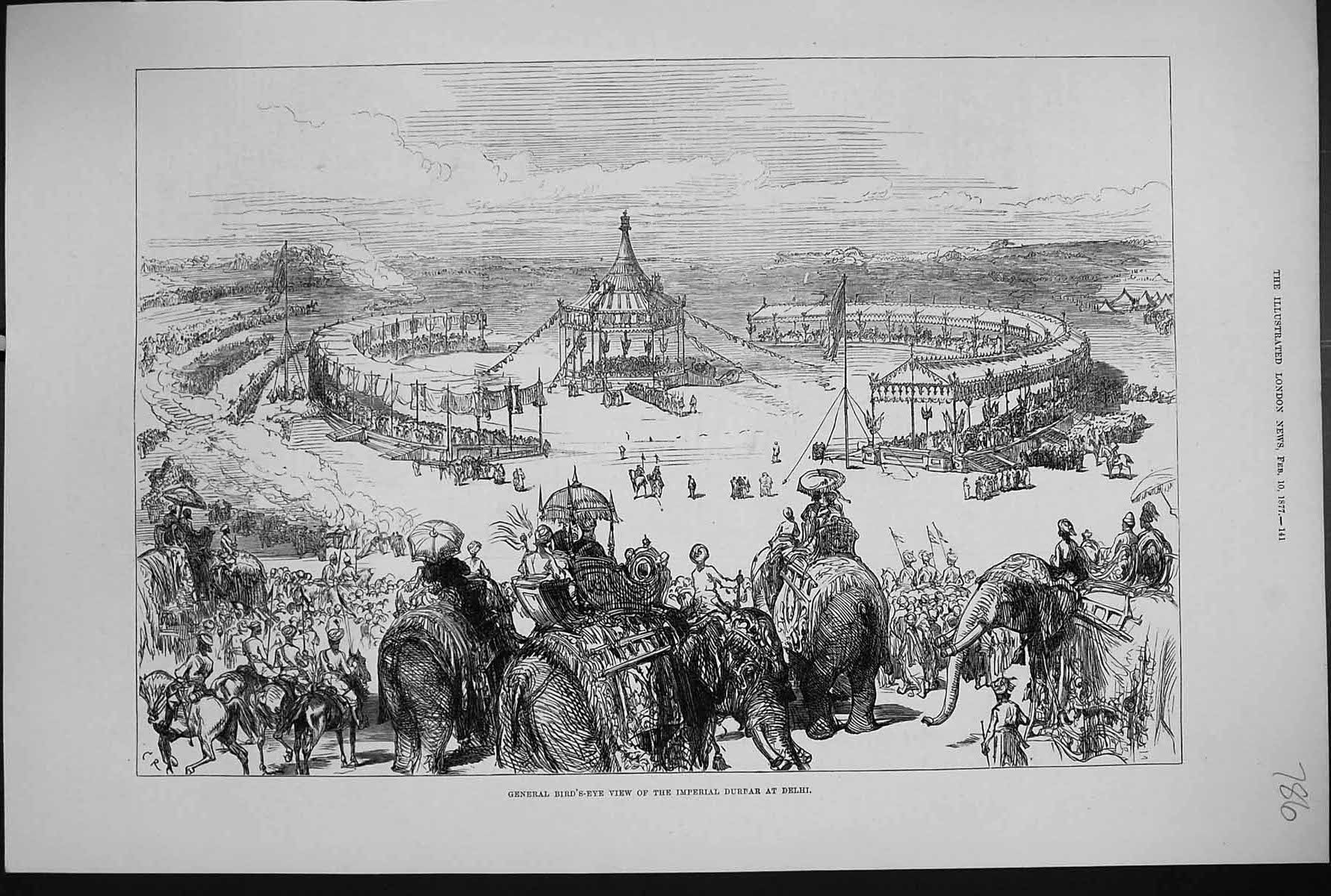 Old 1877 General Bird'S-Eye View Imperial Durbar Delhi India Elephant Victorian