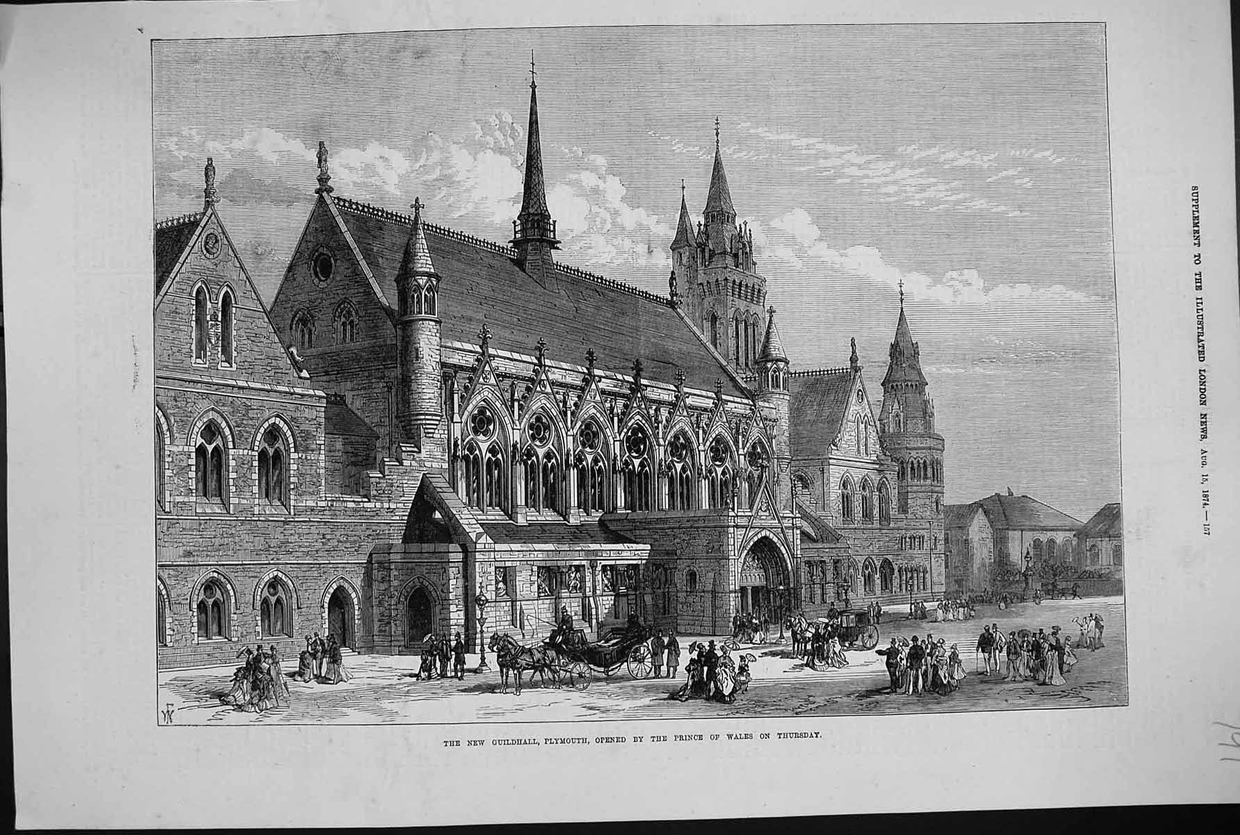 Antique Old Print 1874 Guildhall Plymouth Prince Wales England Architecture