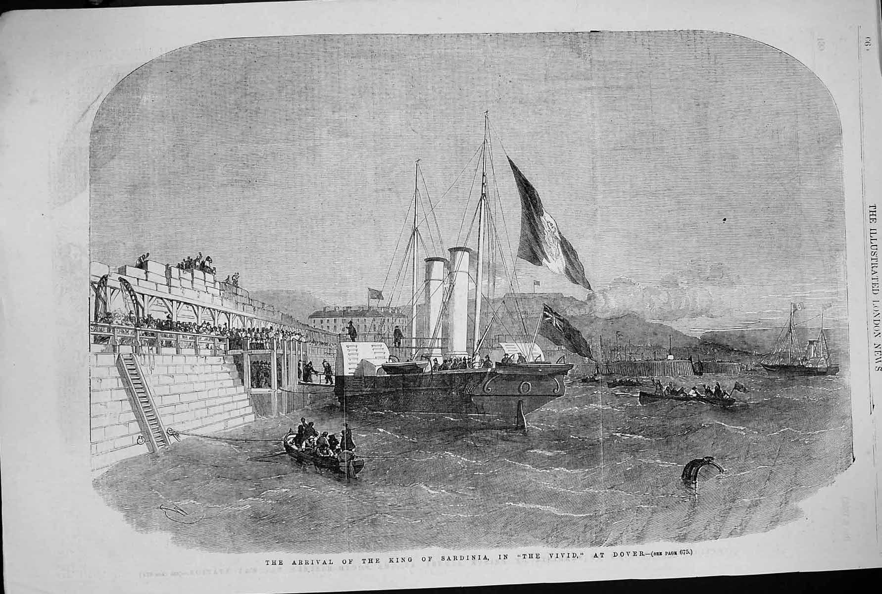 Original Old Antique Print 1855 Arrival King Sardinia Vivid Ship Dover England