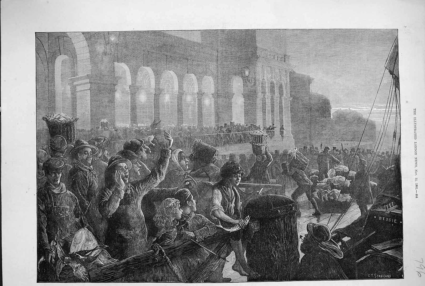 Old 1881 Landing Fish Billingsgate Market Fishing London Fishermen Fi Victorian