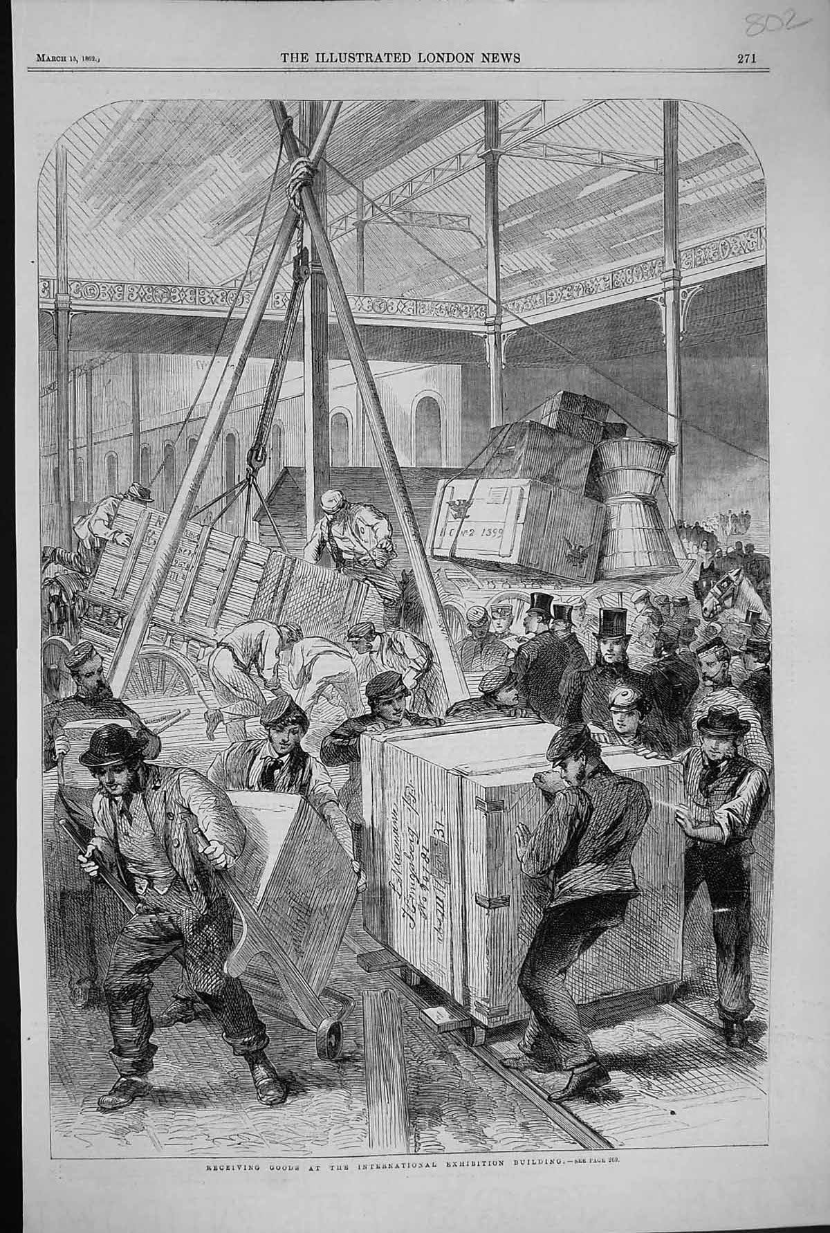 Old Antique Print 1862 Receiving Goods International Exhibition Building 19th