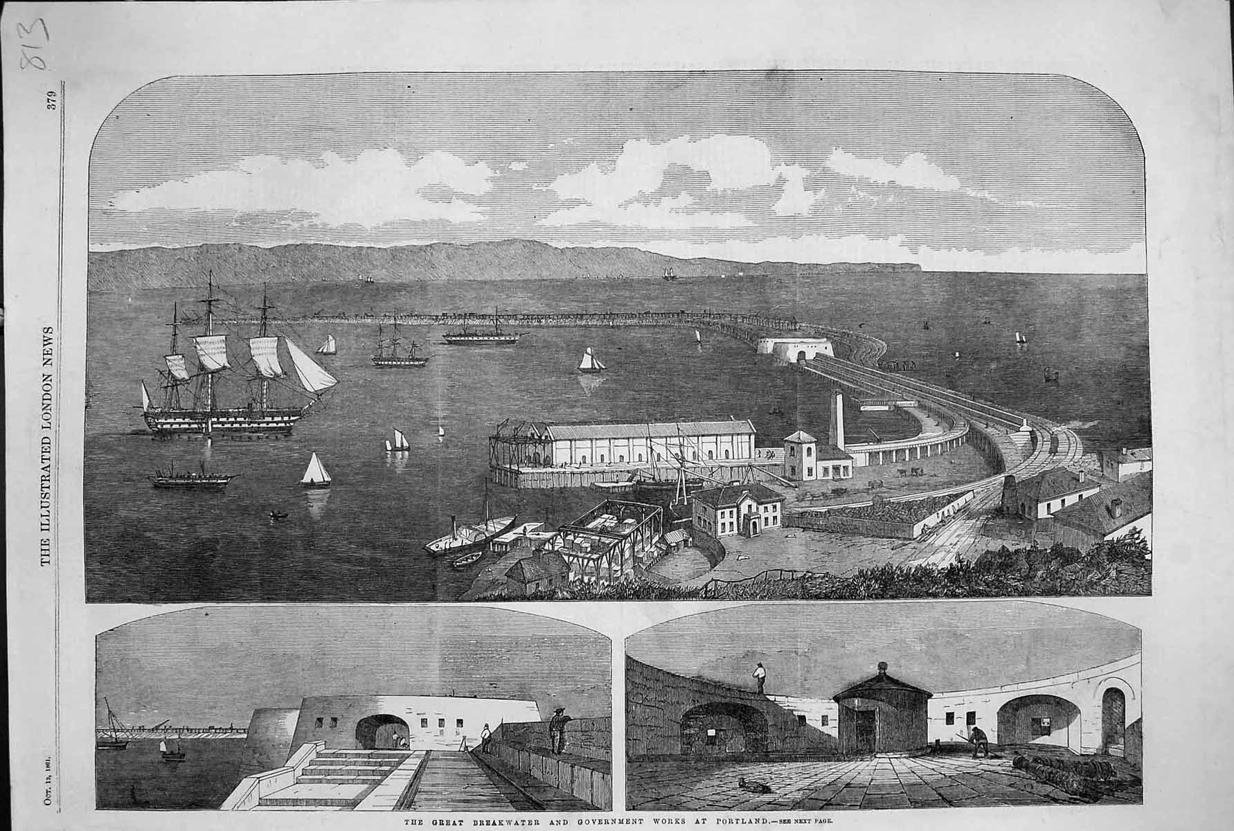 Old Antique Print 1861 Great Breakwater Government Works Portland Ships 19th