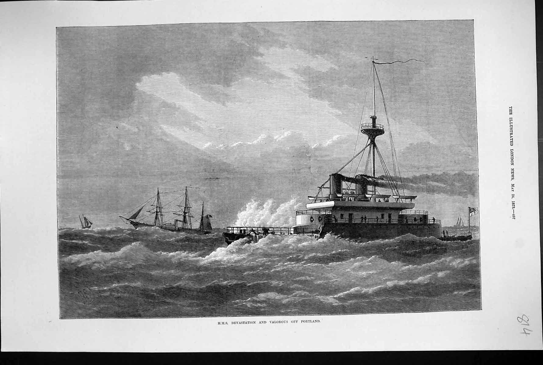 Original Old Antique Print 1873 Ship H.M.S. Devastation Valorous Portland 19th