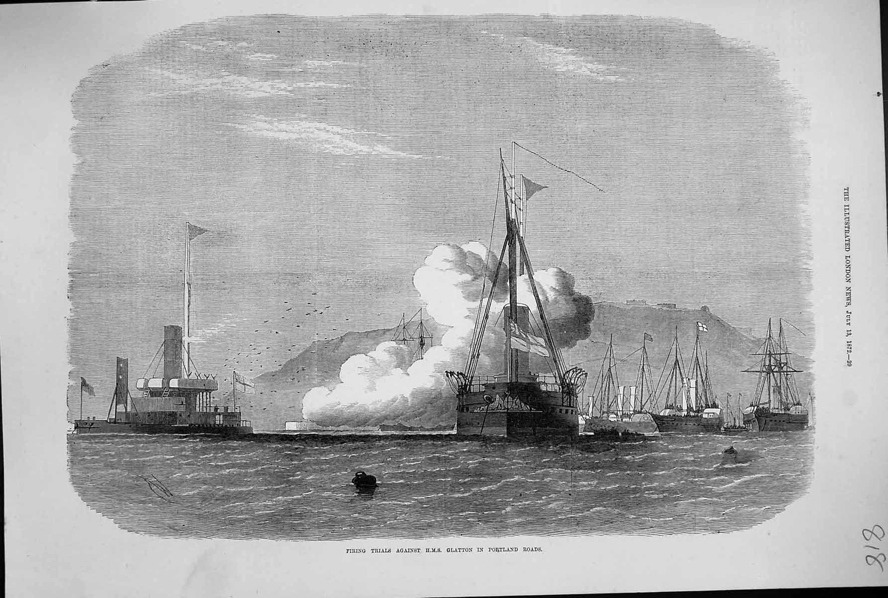 Antique Old Print 1872 Firing Against War Ship H.M.S. Glatton Portland Roads